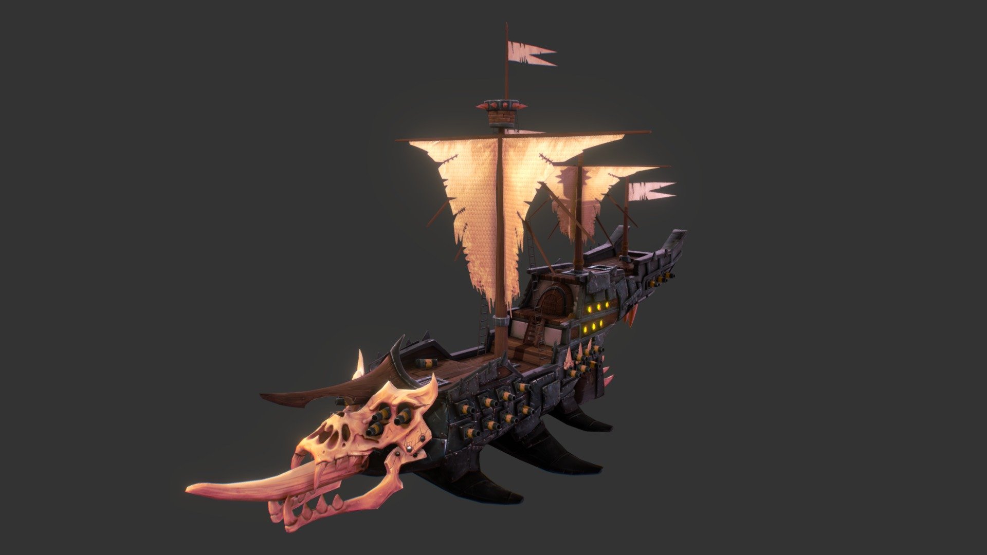 This is Blood Fin, the orcish frigate for the naval combat game Maelstrom from Gunpowder Games.

https://www.kickstarter.com/projects/2006538134/maelstrom-thunderous-fantasy-naval-combat