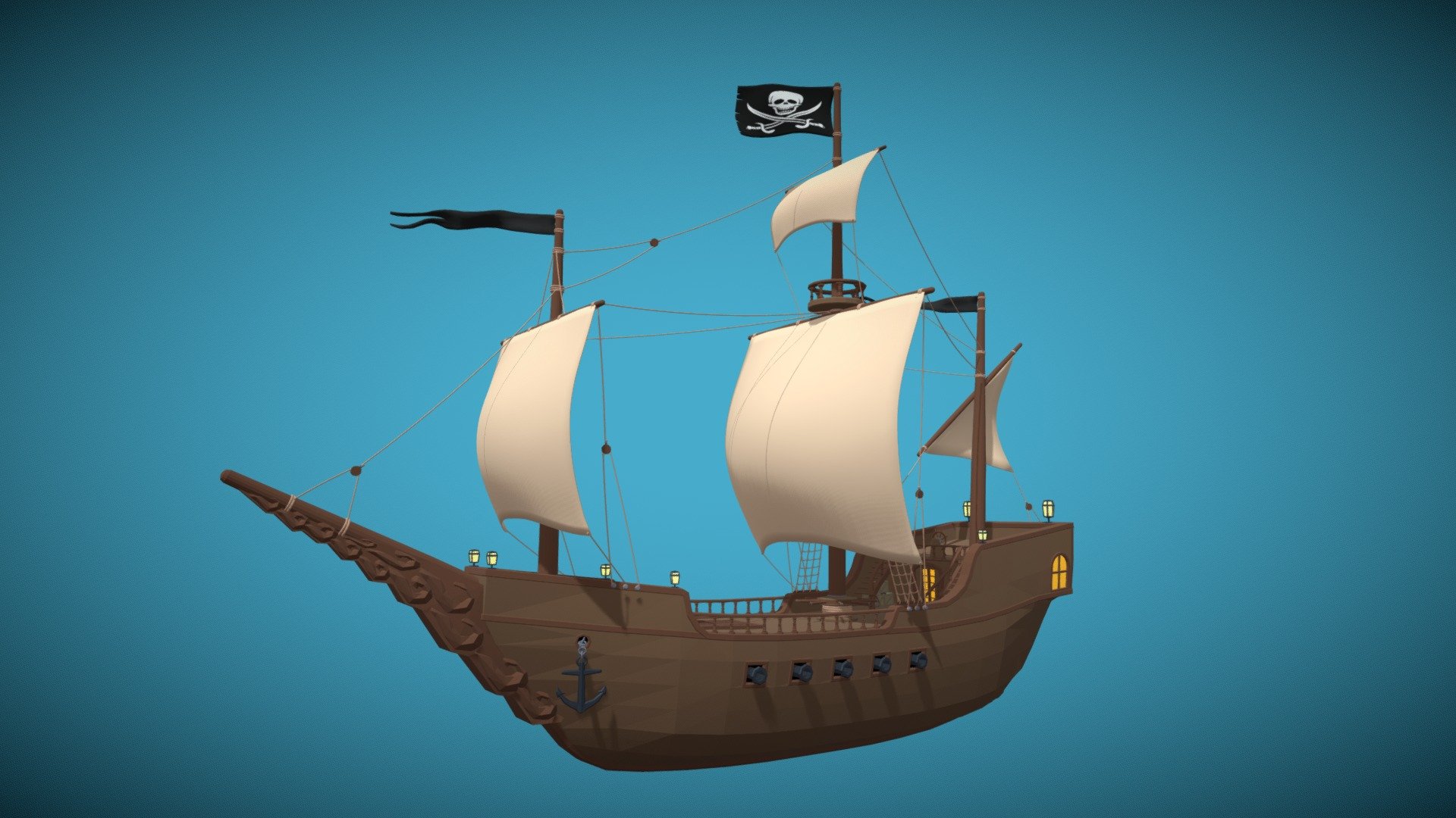 Low Poly pirate ship in .FBX format, ready to use for Unreal Engine and Unity among others.

The Galleon type ship is low poly but still has lots of detail, enough to be used up close in first person games.

This ship is part of my pirate ship pack available here: https://sketchfab.com/3d-models/stylized-low-poly-pirate-ship-pack-2f779c511c1146f68a788180e03c5e63

Also check out my other pirate / island themed assets:
https://sketchfab.com/RagingRocket/models