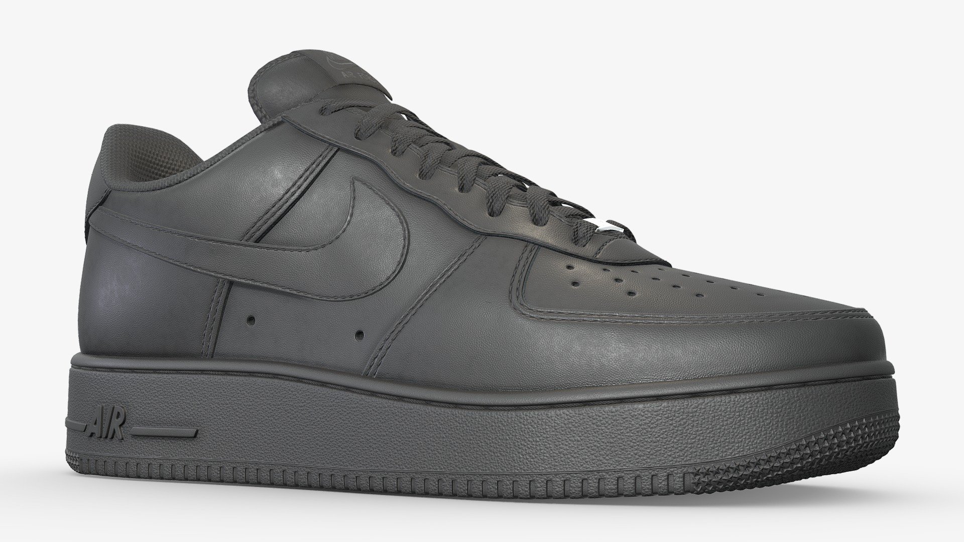 Nike Air Force 1 in Black. The most popular sneaker on the planet, and a staple in many wardrobes. Made with a high attention to detail, this rendition of the shoe aims provide the highest fidelity possible, from all angles

The shoe displayed here has been subdivided once, as have the obj and fbx files. The blender file will allow you change this detail, and also has the added details of stitches and the stars on the sole as separate objects so they can be removed if desired (though the shoe looks best with them)

There are four texture sets for each shoe with the maps being Base Color, Metallic, Roughness, Normal, Opacity (through the alpha channel of the base color). These maps are at a resolution of 4096x4096 in png

This subdived version has 517,927 polys, with the unsubdivided coming in at 130,332. An optimised version is included, which uses just one texture set and has 15,605 polys, can be viewed here: https://skfb.ly/oE7wV
Finally, the white colourway of this shoe is included in the additional files