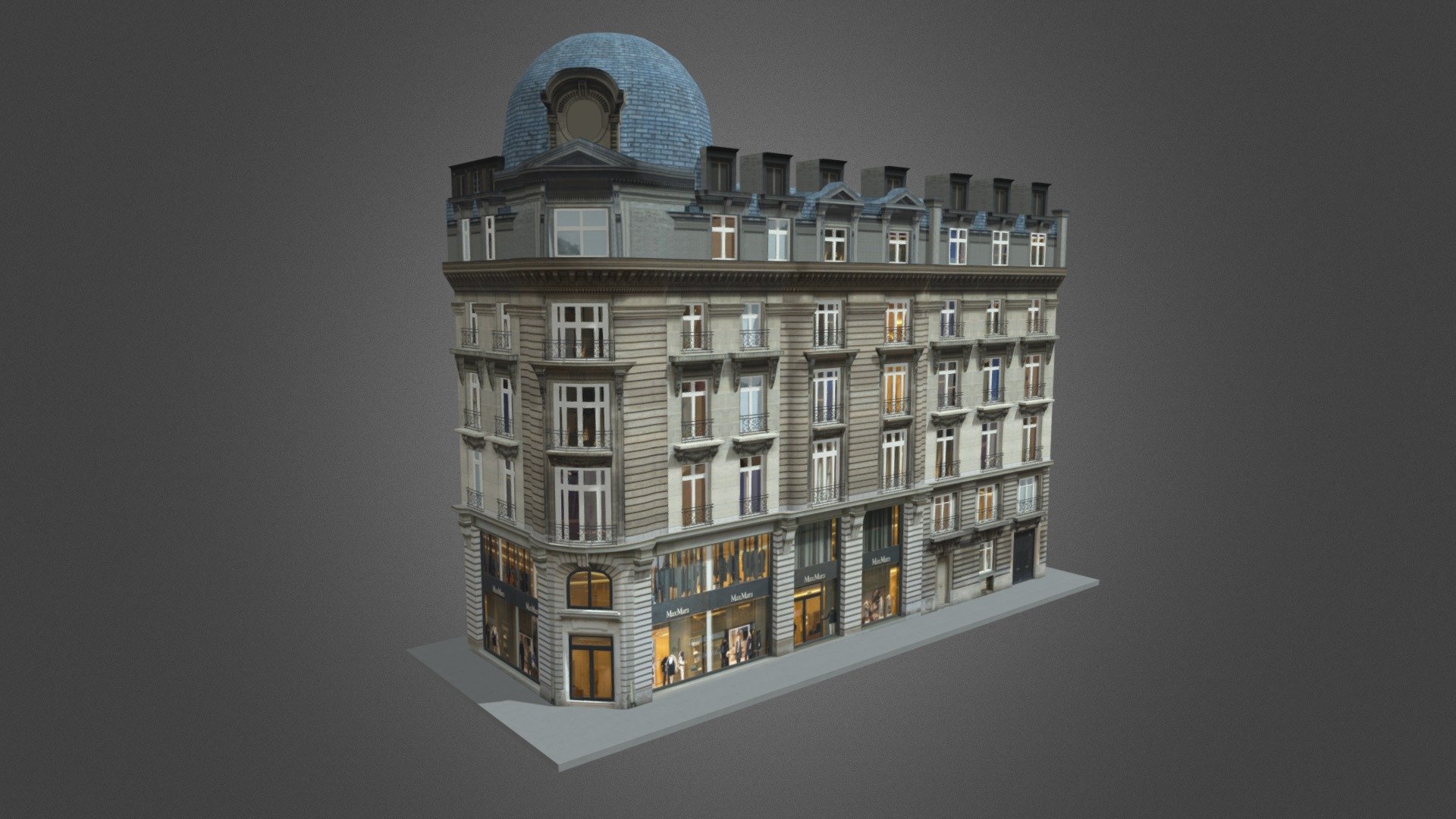 Typical Paris Building 03
Originally created with 3ds Max 2015 and rendered in V-Ray 3.0

Total Poly Counts:
Poly Count = 92898
Vertex Count = 95339

https://nuralam3d.blogspot.com/2022/11/typical-paris-building-03.html