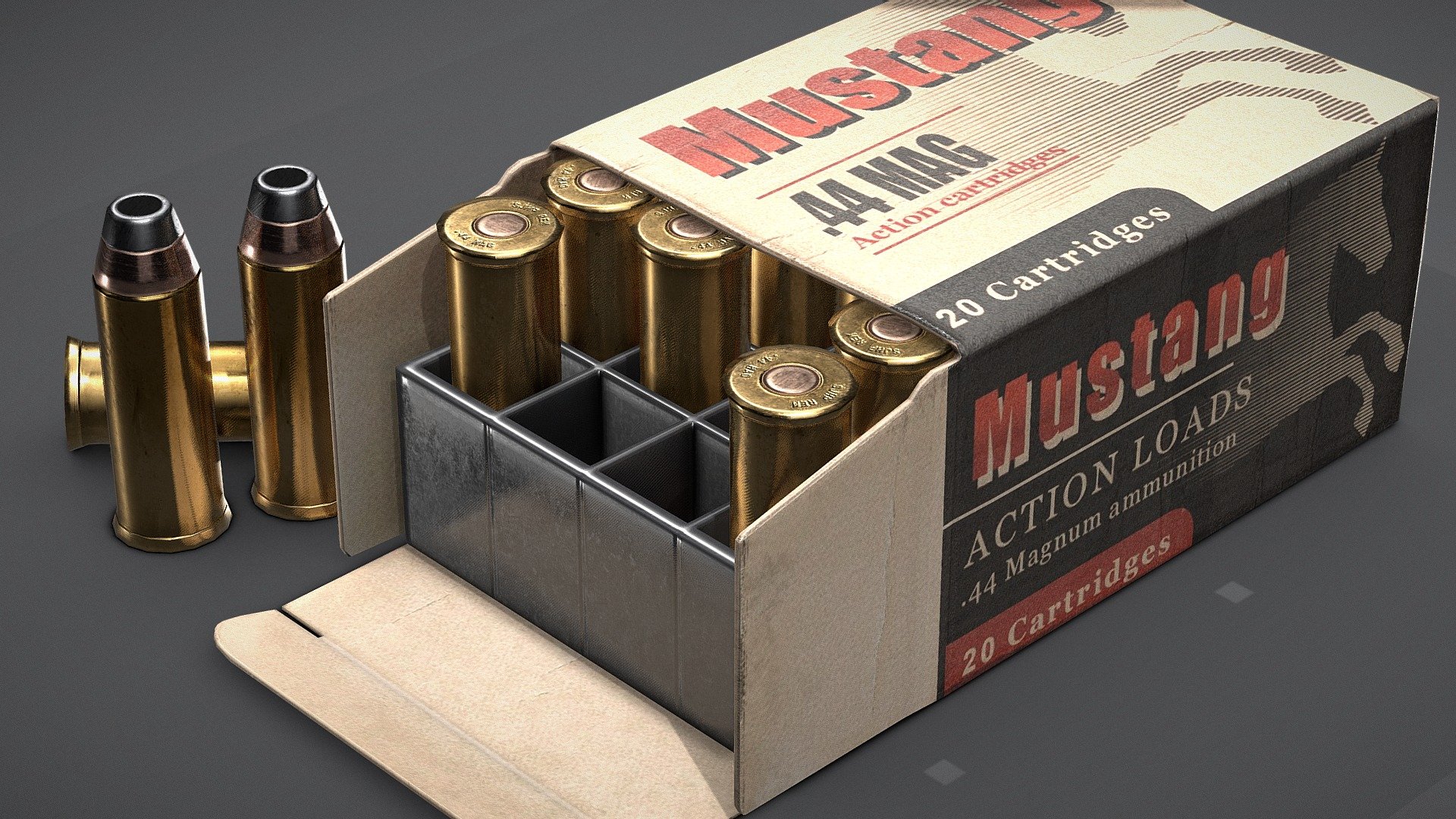 Magnum revolver cartridges ( ammunition pack ) asset with great attention to detail and proper rendering.
Designed specifically for game engines and VR and AR - Comes with Unity &amp; Unreal Engine 4 prepared texture sets! Includes High poly files!



What do you get?


Models:





Magnum cartridges high-poly models (.fbx)




Magnum cartridges low-poly models (.obj, .fbx) :






Bullet / Cartridge 108 tris

Box Insert 448 tris

Cartboard box 488 tris

Opened pistol cartboard box with insert and projectiles 2280 tris

Unity Standard Shader textures :





Albedo 2048x2048




Normal 2048x2048




Specular 2048x2048




Ambient Oclussion 2048x2048



UE4 textures :





Albedo 2048x2048 




Normal 2048x2048 




RMA (channel packed texture) 2048x2048



VR / AR / Low-poly / Game ready / Magnum / Revolver / Handgun / Pistol cartridges / ammunition pack 3D MODEL