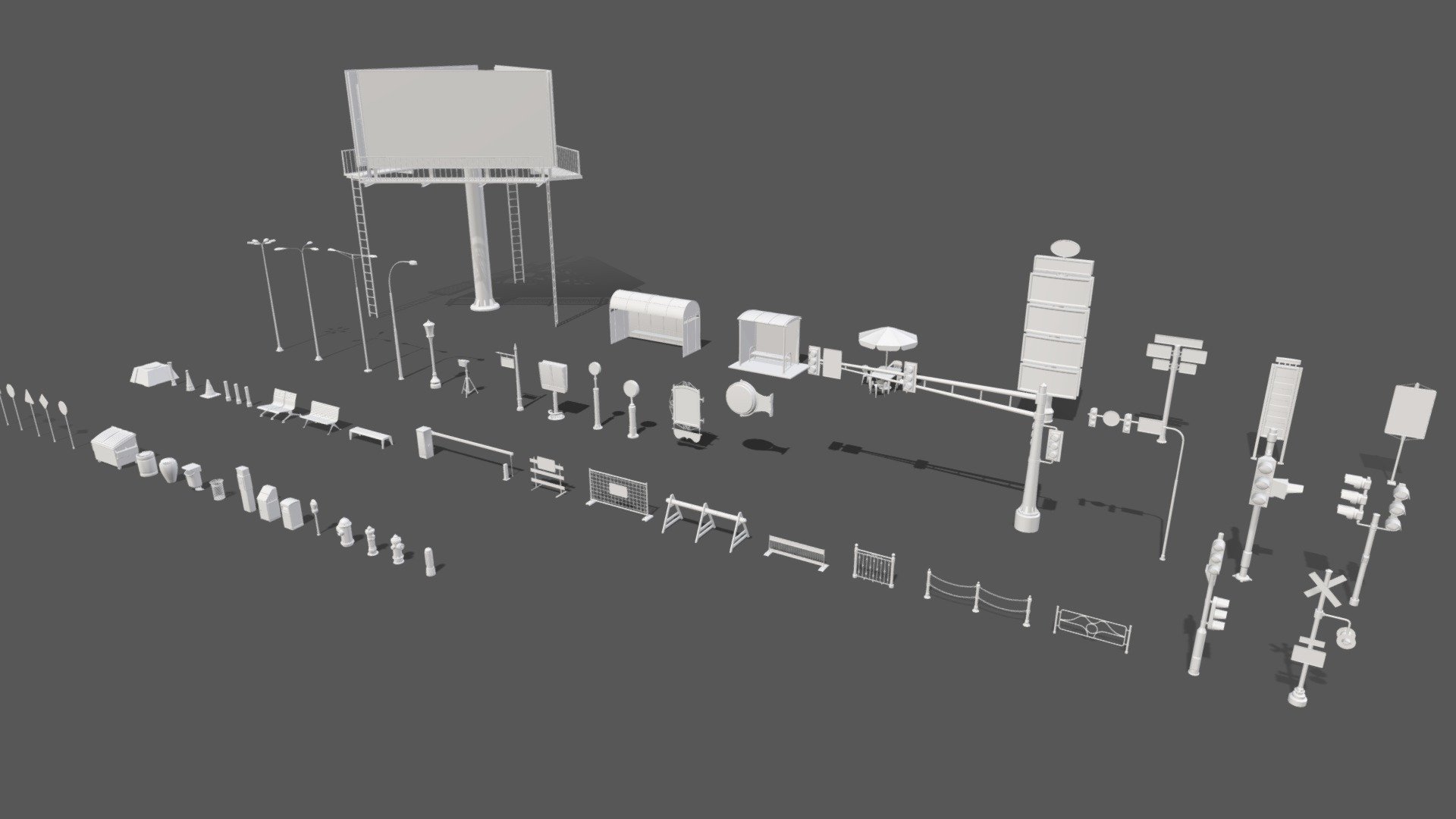 Get pack -https://www.artstation.com/a/4959029

60 pieces of street asset




clean quad and close mesh

middle poly

include max(2018), blend(2.81), fbx, obj and stl files

no UW map, no materials and textures

poly  - 735725

verts - 672719