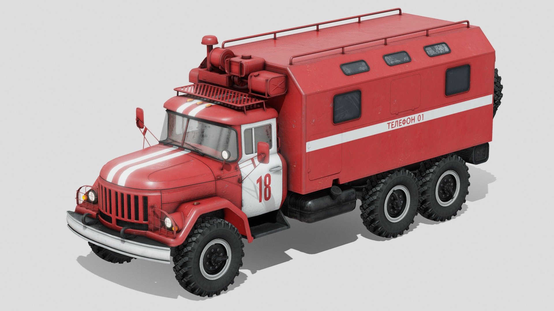 General purpose 3.5 tonne 6x6 truck designed in the Soviet Union. Here, in fire brigade mobbile command post version.

Separate materials for: cabin, interior, glass, frame, wheel and command module.

Wheels are separate objects.

4k PBR textures for cabin, interior and command module. 2k for frame and wheel. 1k for the glass.

Textures for glass and command module with alpha transparency.