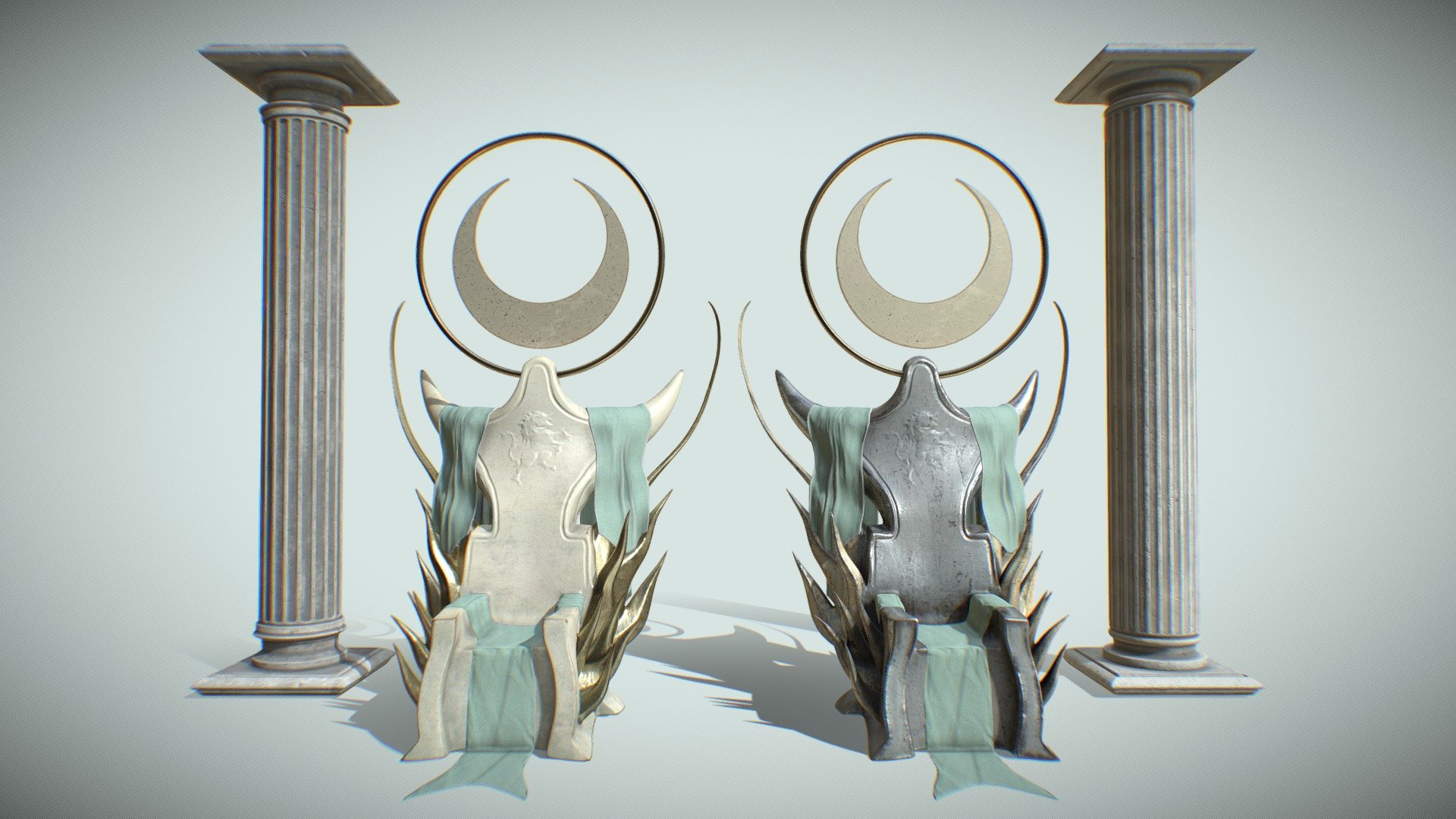 2 Versions of a sculpted throne, inspired by the sun, moon &amp; Greek Mythology. For art stuff

2 Versions of a stone Column / pillar

Mix of 4K &amp; 2K Textures. 6 Sets total. 134Mb Unzipped.

Single Chair = 67K Verts. Not including fabric stuff.

Single Column/Pillar = 7K Verts

Additional organized Zip folder included. Obj &amp; Fbx Formats.

Textured in Substance / 3D Coat. Created in blender.

Dark Metal Alien Throne - https://skfb.ly/oAxyP
Free Throne - https://skfb.ly/ovvIq