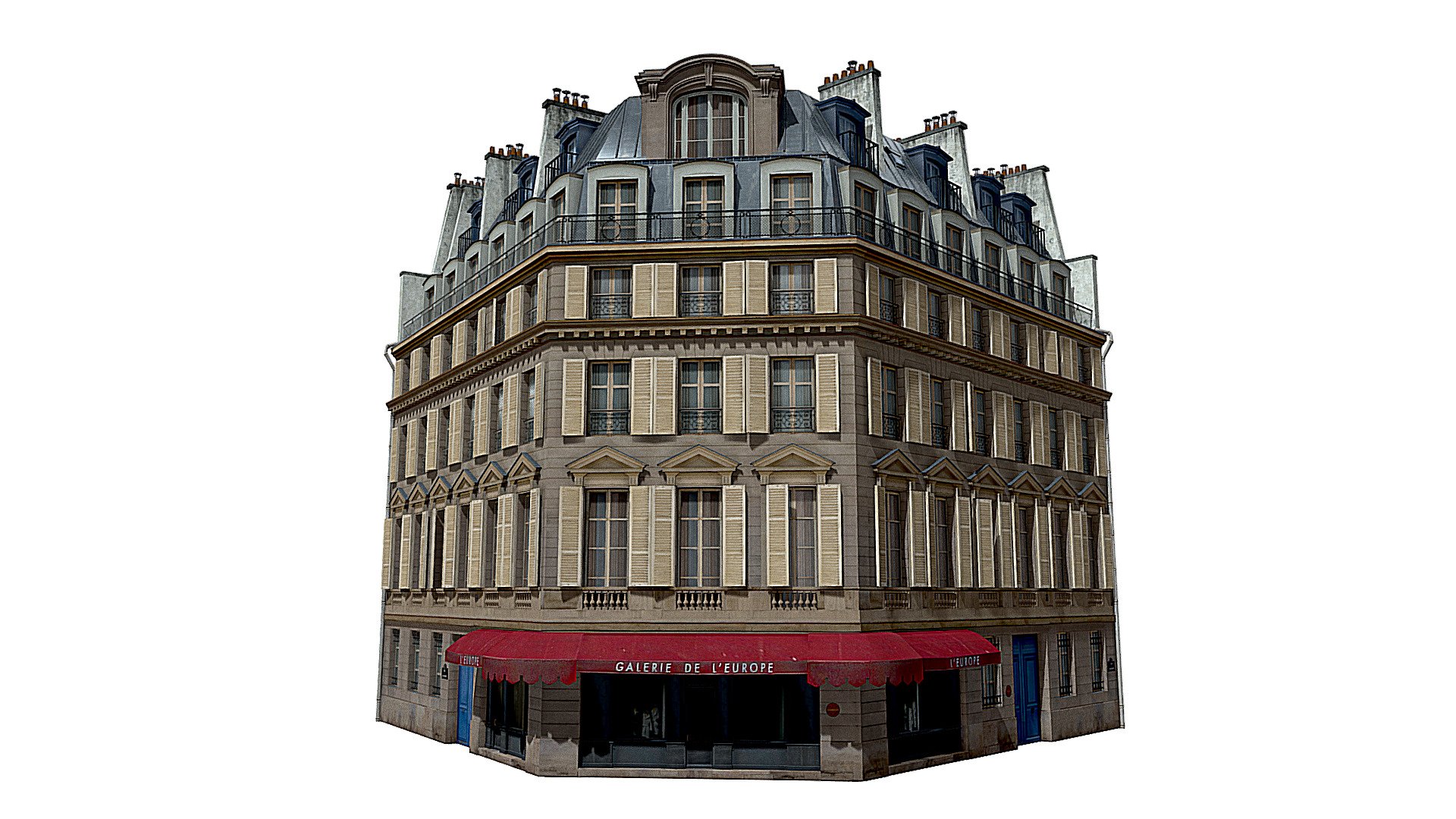 This Parisian corner building is a high end, photorealistic 3D model, that is created to help you add the realism to your project.

The model is suitable for any visual production - broadcast, high-res film close-ups, advertising, games, design visualization, forensic presentation, animated movie production, still illustration etc.

Model has real world scale, clean optimized topology.
