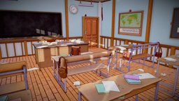 LowPoly Stylized Classroom room, plant, school, flower, pencil, assets, shelf, clock, desk, paper, board, books, bag, 3dcoat, window, classroom, stylised, map, old, locker, dusty, curtain, trashbin, chalkboard, leatherbag, crumpled, handpainted, glass, cartoon, photoshop, blender, lowpoly, chair, anime, door, gameready