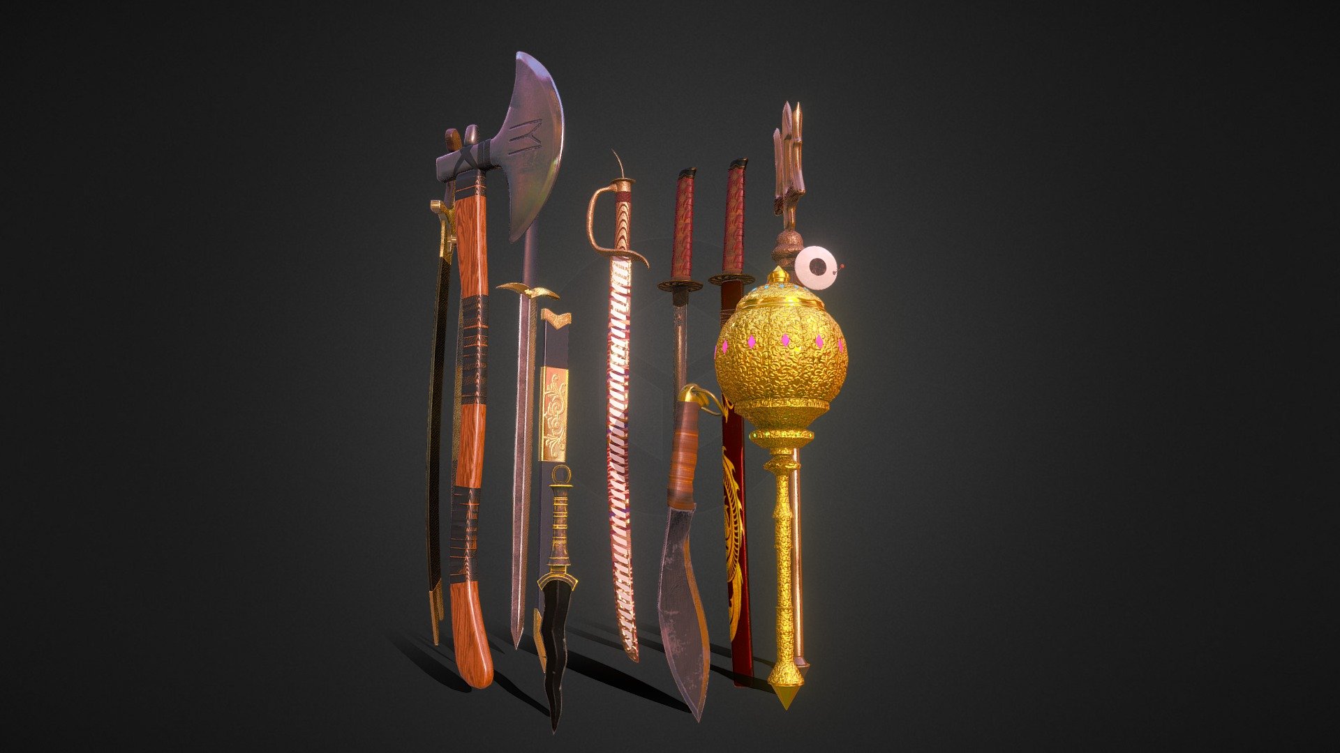 This weapon pack contains The historic weapons which can be used for games and are Low Poly weapons. Clean UV's For each mesh and clean topology.\nCan be used for Mods, Commercial/Non-Comercial Purpose.\n\nNames Of Weapons \n\n\n\n\nHanuman Gada (Mace) - 4204 Poly\n\nKukri Machete - 2209 Poly\n\nKarambit Dagger-  2989 Poly\n\nTurgut Alp Axe - 8920 Poly\n\nZulfiqar Sword - 11074 Poly\n\nKai Village Sword - 2590 Poly\n\nShivaji's Bhavani Sword - 14029\n\nKatana - 8337\n\nLord Shiva's Trishul - 5576\n