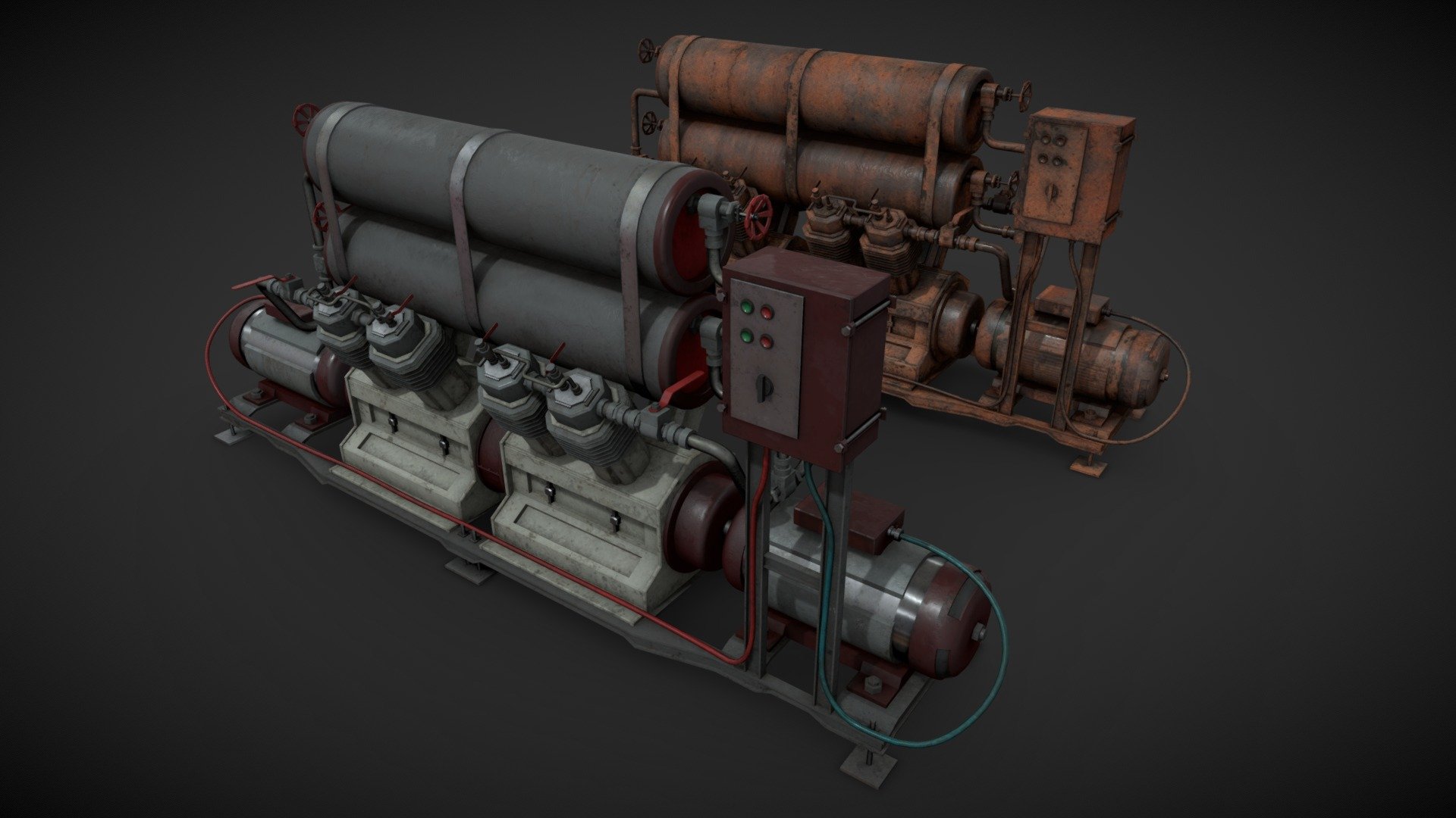 Machinery device for industrial visualizations 

4k PNG PBR textures included 

Painted and heavy rusted 

Non overlapped UVs.