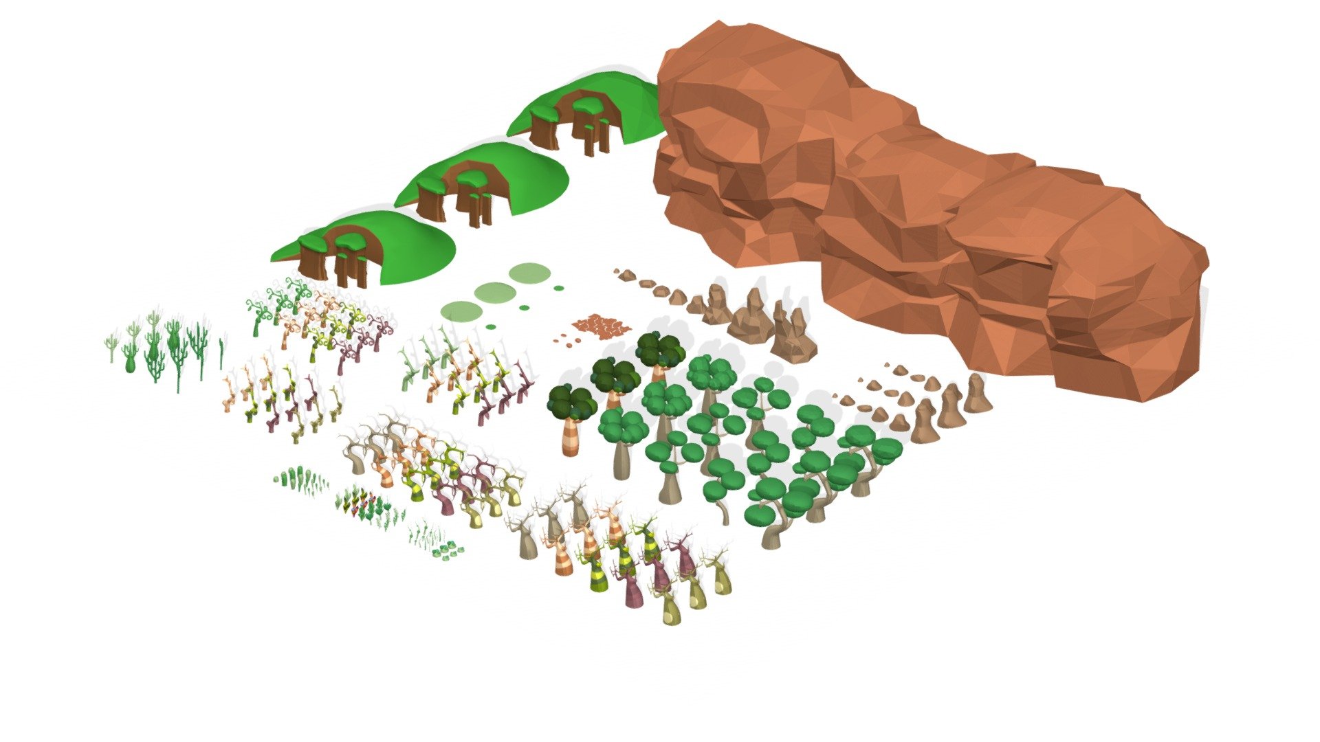 Collection of cartoony nature: plants, trees, cactus, bushes, shrubs, rocks, cliffs, grass, stones&hellip;

The additional file includes each model separately in fbx files. Each one in three versions: standard (mid poly with accurate topology), low poly smooth and low poly faceted. Also the textures in 2k size PNG format.

Some models have textures with additional design and color variations included. Others, use only materials, easy to change the color and customize them.