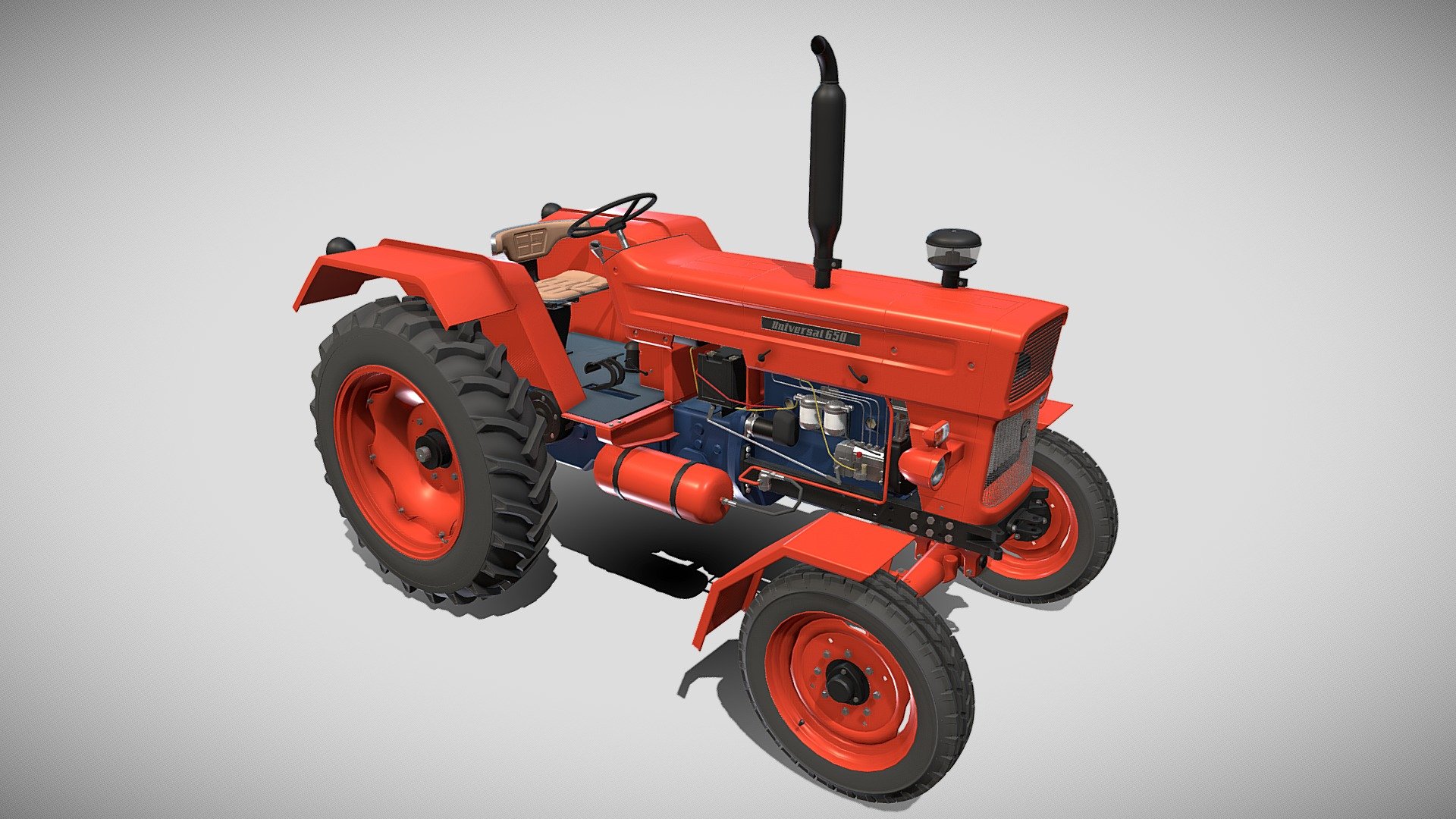 Highly detailed Tractor 3d model rendered with Cycles in Blender, as per seen on attached images.

The model is very intricately built, it has the transmission and engine, with cooling for oil and water, injection pump, fuel lines, compressed air circuit, electric circuit modeled. Some of these elements cannot be seen on the main renders, so I have also rendered the chassis in order to showcase them.

The 3d model is scaled to original size in Blender.

File formats:
-.blend, rendered with cycles, as seen in the images
-.obj, with materials applied
-.dae, with materials applied
-.fbx, with materials applied
-.stl
Files come named appropriately and split by file format.

3D Software:

The 3D model was originally created in Blender 2.8 and rendered with Cycles.

Materials and textures:

The models have materials applied in all formats, and are ready to import and render, note that some minimal adjustments might be needed to look best in the renderer of choice.

The models come with one png texture.