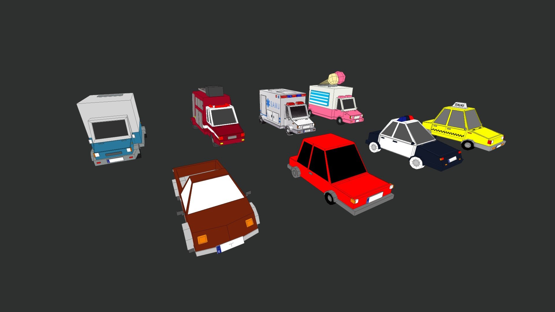 Low poly cars
8 lowpoly cartoonish cars with texture:




Ambulance

Truck

Pick-up truck

Firefighter truck

Icecream truck

Taxi

Police car

Car
