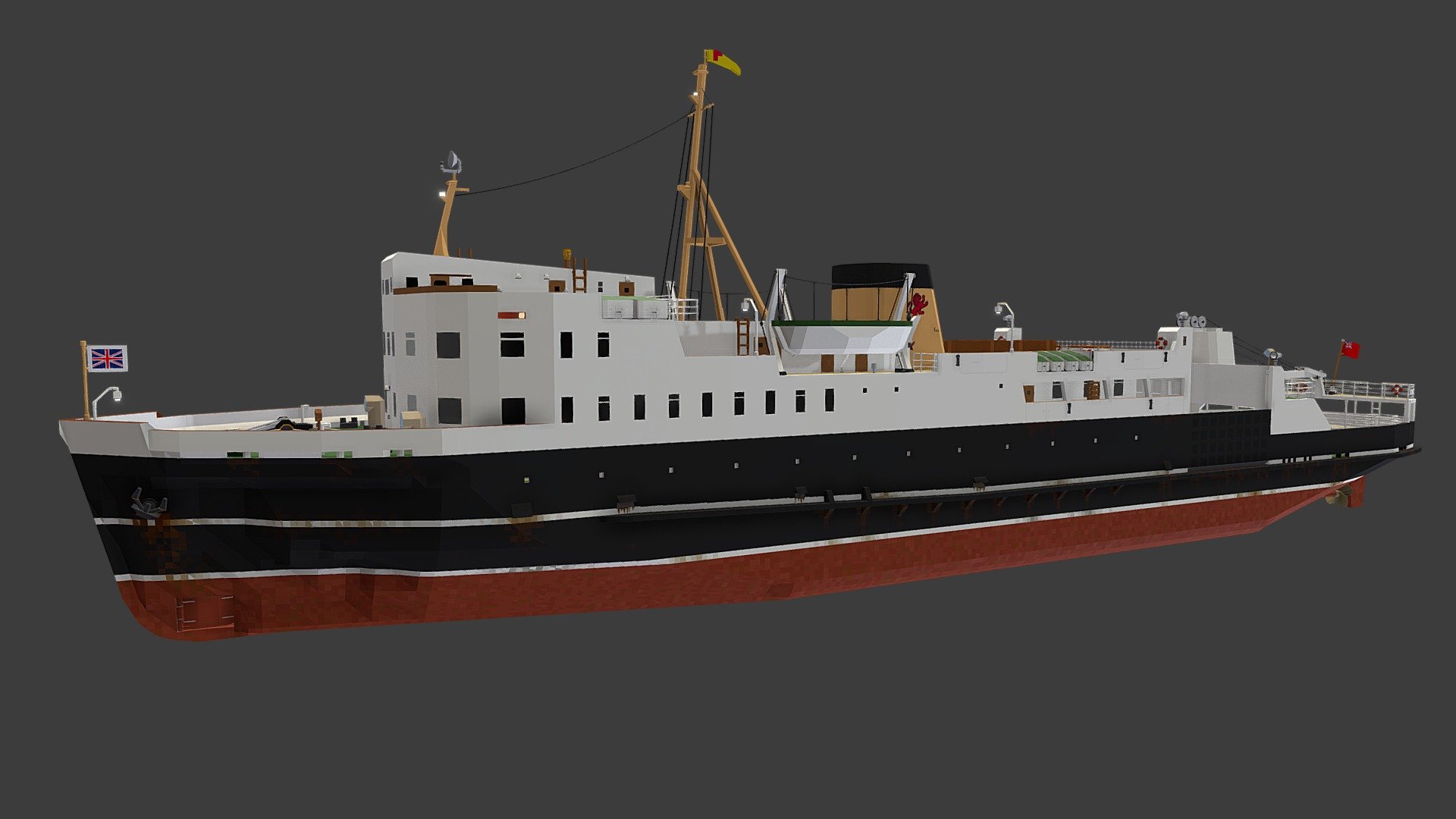This is a creation that I originally built in “Stormworks: Build and Rescue” and modified using the mystical powers of Blender.  Although I tried my best to clean it up, the nature of exporting models from Stormworks means that it's still a bit rough in some areas.

My model attempts to represent the Glen Sannox as she would've appeared in her original 1957 configuration, although I took some artistic liberty and added some extra rust on the hull (because it looks cool?).

I originally completed this creation in July of 2020, but I realized that my model wasn't very accurate when compared to the real ship.  With this updated version, I've almost completely rebuilt my model to be as accurate to the real thing as possible.  It's still not a perfect replica by any means, but hopefully you guys still like it!