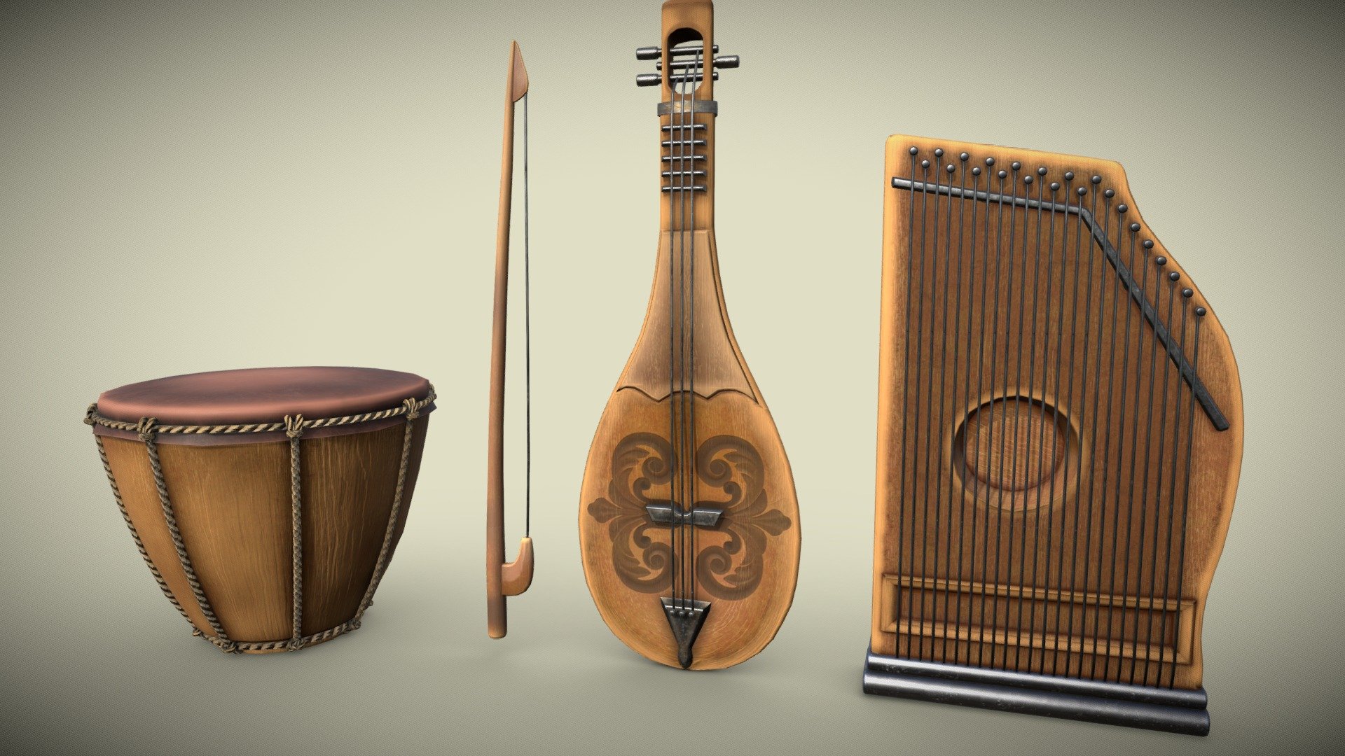 Musical instruments PBR game ready Low-poly 3D model Drum 
Polygons 6752
 Vertices 6798 zither 
Polygons 2991 
Vertices 2963 zebec
 Polygons 2997 
Vertices 3105