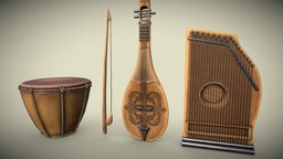 Musical instruments PBR game ready 3D model Low- drum, instrument, instruments, sound, musical, classic, band, audio, arabic, arabian, flute, song, otherworld, bedouin, balalaika, oud, substancepainter, substance, 3d, wood, interior, rababa