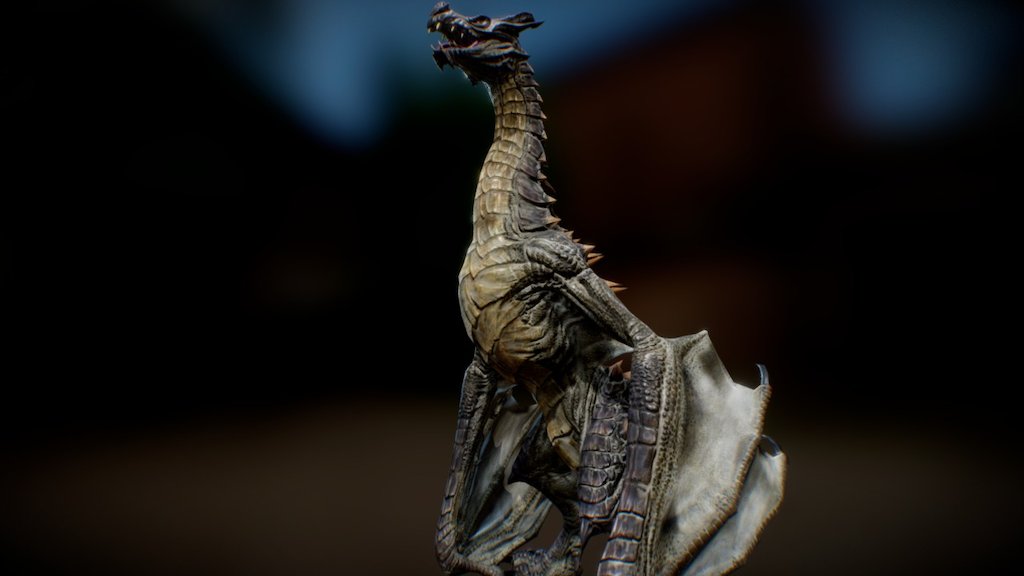 The original model from the game!  This was the first dragon ever made for Skyrim, and it took me three months to make (what with all the back-and-forth with programming, art and design).  All the variants - the Blood Dragons, the Ancient Dragons, etc - came later, and were all texture variants of this one, with low-poly mesh changes to the mesh.

As with all things art, there are elements of this guy I wish I could change, but ultimately I love this dude and I'm proud of him.  Hope you enjoy!