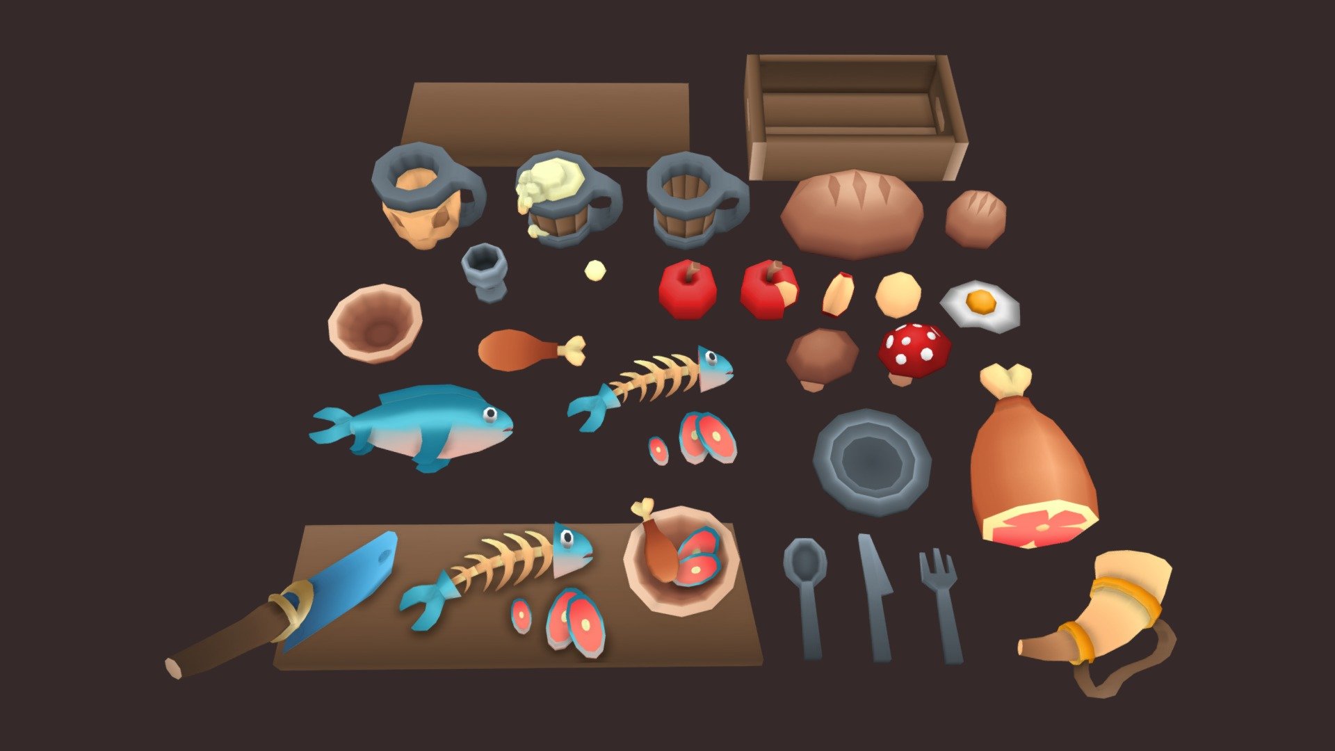 This is a part of my Stylised Viking Assetpack series. All assets from the packs will use the same texture file for each and every object. Apart from this I also make the models lowpoly so that you will have the best of optimisation for your game or other project you will use this for.

Content of the pack




1 plank, 1 small crate

1 bowl, 1 silver cup, 1 silver plate

1 drinking horn

1 silver spoon, 1 silver fork, 1 silver knife

1 fish, 1 half eaten fish, 3 fish pieces

1 chicken leg, 1 egg, 1 fried egg

1 red apple, 1 sliced apple, 1 apple slice

1 brown mushroom, 1 red dotted mushroom

1 bread loaf, 1 pistolet

1 empty mug ,1 full mead mug, 1 skull mug

1 mead foam piece

1 slab of meat

1 meat cleaver

1 example food plank

(this will be updated in the future with more assets)

Technical Details

1 Texture with size: 1024 x 1024 (fits all assets from the viking asset packs collection)

Make sure to check my page for future updates to the Stylised Viking Assetpacks.