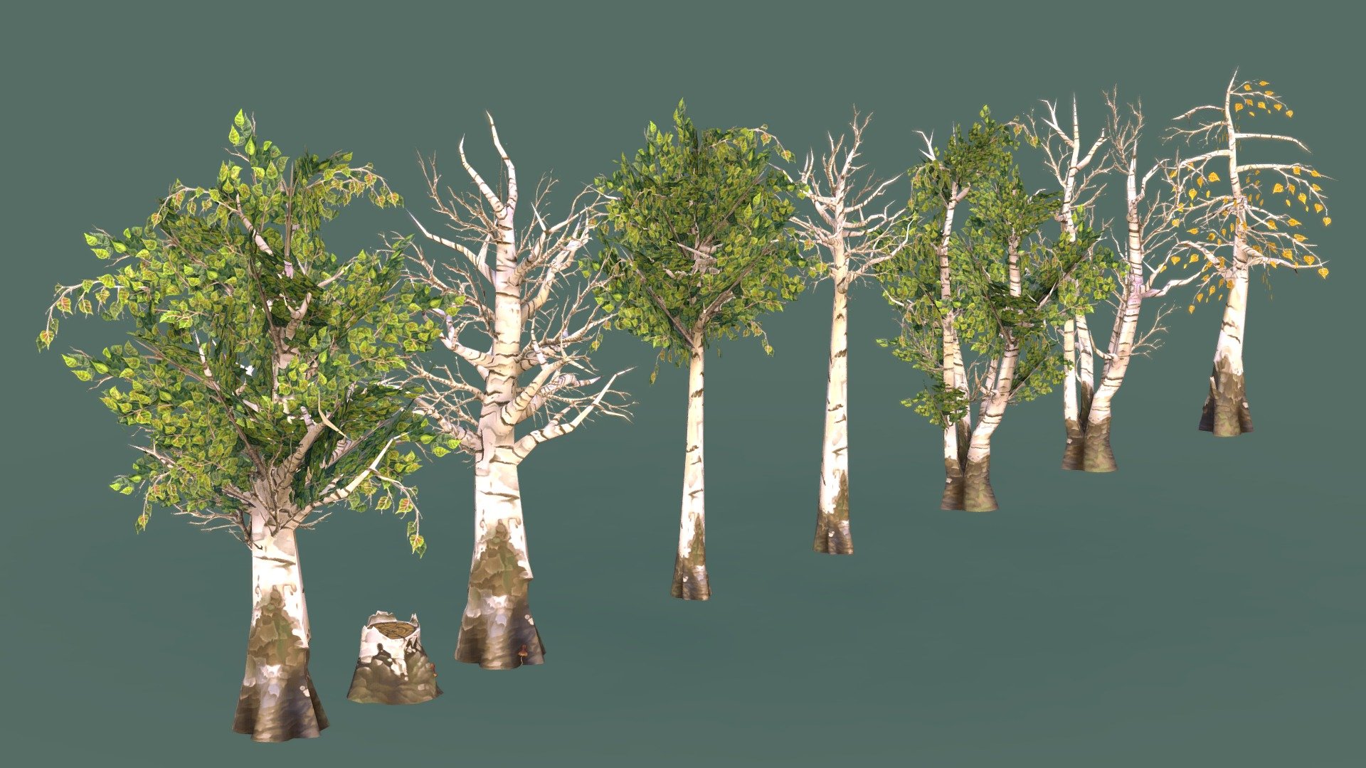Stylized, hand-painted, low poly trees, well optimized for indie game developers. It contains:

1 Large Birch Tree
1 Large Dead birch Tree
1 Medium Birch Tree
1 Medium Dead birch Tree
1 Small Birch Tree
1 Small Dead birch Tree