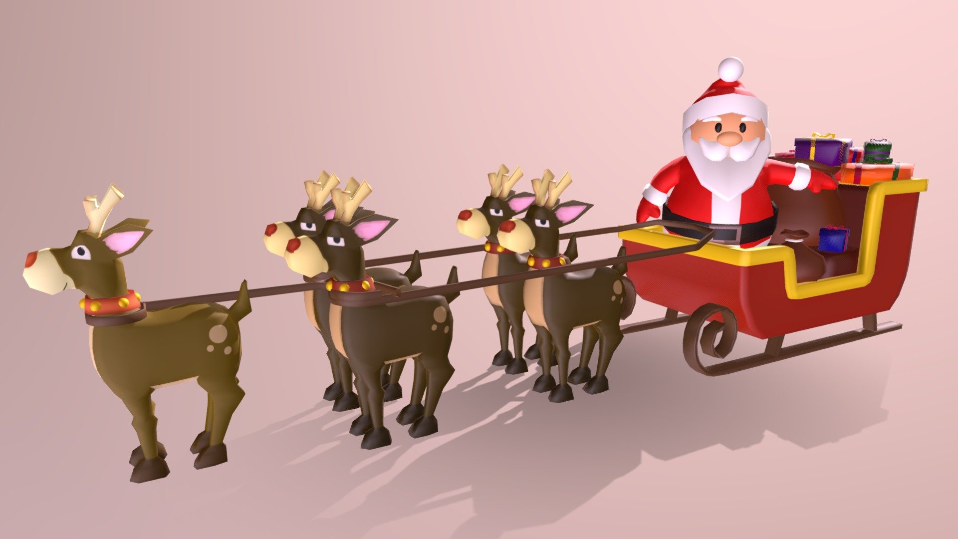 This is a Santa with Christmas presents on sleigh 3D model. This is a low poly model. It is made in Autodesk Maya 2018 and texturized with Arnold materials , iluminated and rendered in Arnold.

This model can be used for any type of work as: low poly or high poly project, videogame, render, video, animation, film…This is perfect to use it as decoration in a Christmas Scene or for a CHristmas postcard image with other christmas decoration that you could see in my profile too…

There are a lot of different type of present: with different colours,different sizes and forms. Also, all of them have an interior but there are someones that you could open too if you want. THere are two bags, one opened with presents inside and another one closed next to the Santa. Also , there are five deers with sleigh.

I hope you like it, if you have any doubt or any question about it contact me without any problem! I will help you as soon as possible, if you like it I will aprecciate if you could give your personal review! Thanks