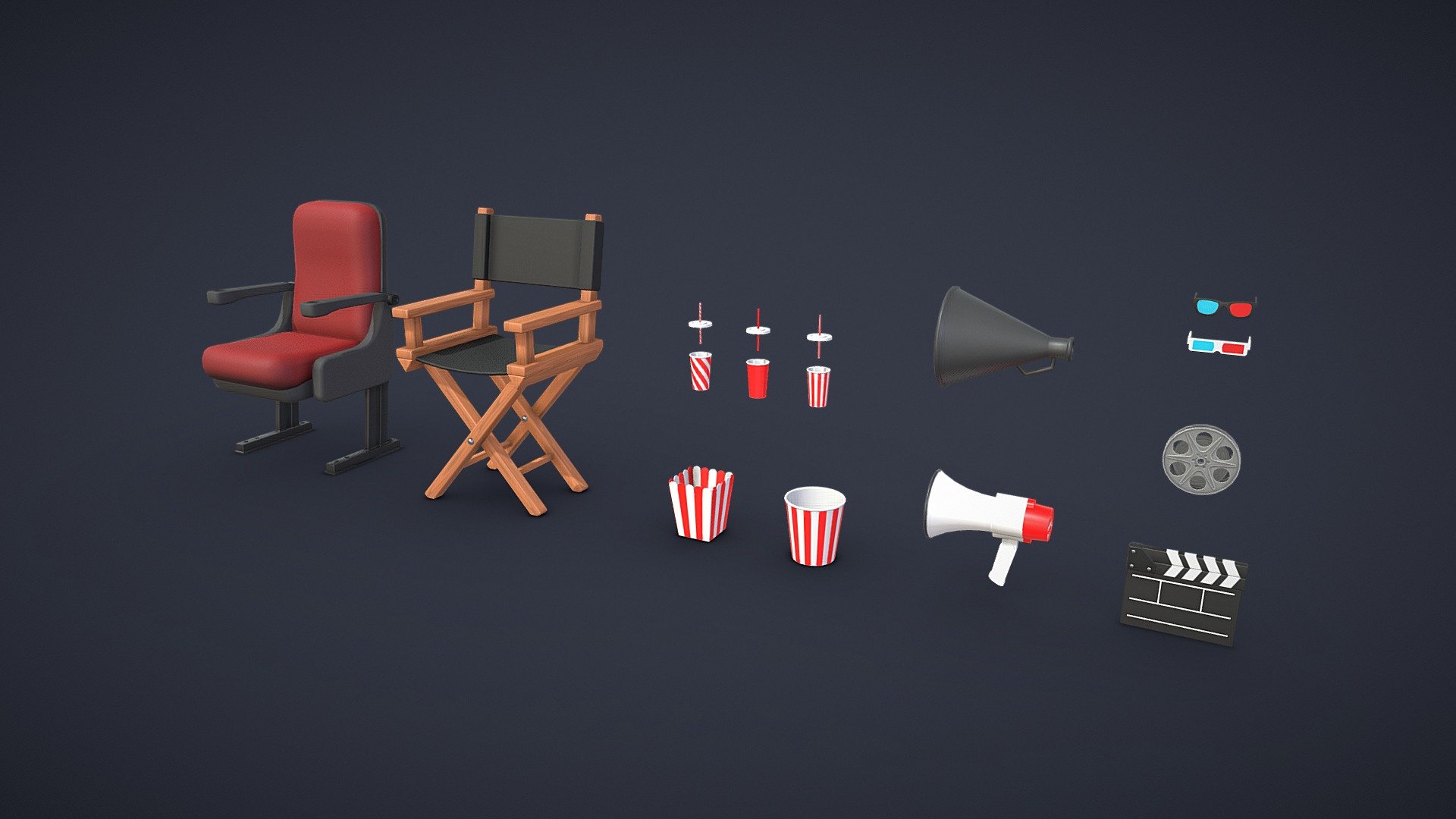 Pack of 13 different models for cinema

Pack include:




3D Glasses - 952 tris

Old 3D Glasses - 428 tris

Cinema Armchair - 4 168 tris

Clapperboard - 576 tris

Director Chair - 864 tris

Drink Cups - 1 344 tris

Film Reel - 1 824 tris

Megaphone - 1 400 tris

Old Megaphone - 1000 tris

Popcorn Cups - 528 and 668 tris

Base color, normal, roughness and metallic textures

2048 x 2048 PNG textures

AR / VR / Mobile ready