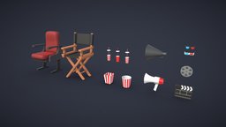 Cinema Pack cinema, drink, film, armchair, set, pack, reel, director, soda, glasses, old, movie, popcorn, megaphone, clapperboard, popcornbucket, cartoon, 3d, lowpoly, chair, cup