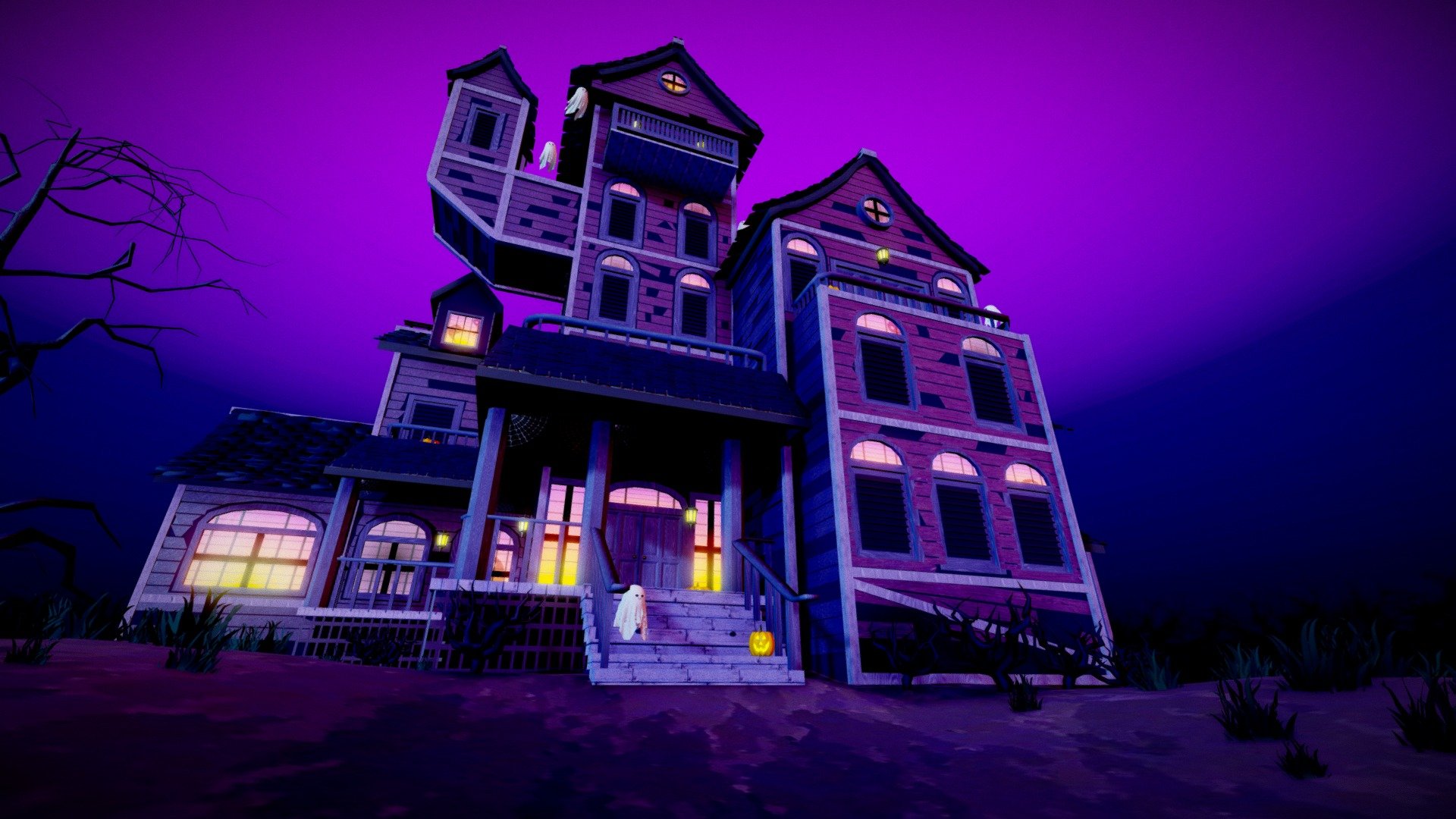 Halloween is near and the haunted house is very active


This huanted house is all decorated for the season which is as strange sight since nobody has lived there for years! Well, except for the spirites that reside.

Halloween is my favorite time of year but I've never made a haunted house before. It was a difficult project because I've never really made a house before let alone one as complex as a victorian manor


Made With Blender 2.90, Krita and Inkscape
Check out the Twitter Thread showing the progress

2D Assets used:




Window Ghosts https://pixabay.com/vectors/spirit-ghost-haunt-spooky-1775547/

Spooky Trees in Skybox https://pixabay.com/vectors/tree-dead-dried-branches-trunk-311863/

Grass Sprites https://kenney.nl/assets/foliage-sprites
