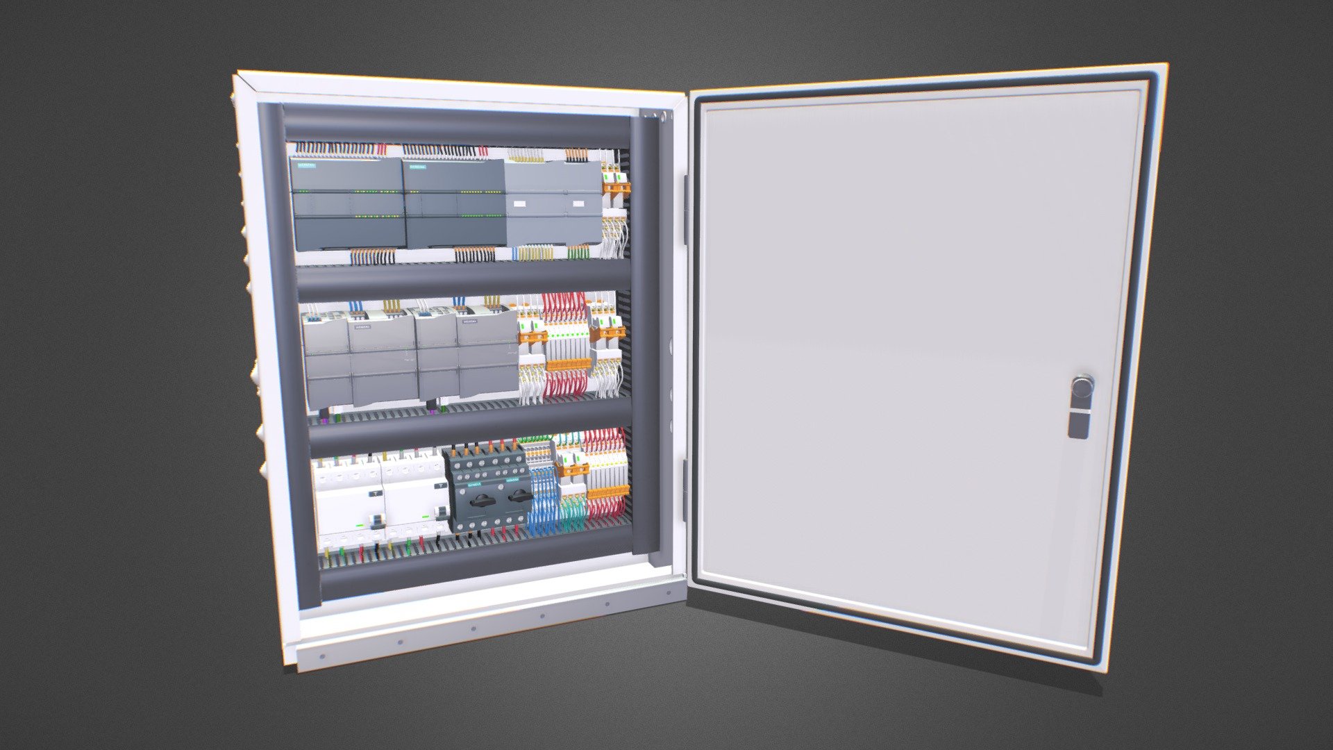 Realistic Electric control panel 
1. with components Have you ever wondered how an automobile assembly line is controlled 
2. In this video and article, we are going to talk about what controls large or small mechanical processes like an assembly line. 
3. That device is called an electrical control panel. But what is an electrical control panel, exactly 
4. Think of an electrical control panel like the human body. Inside our bodies, we have vital organs that control and monitor our surroundings. 
5. Similarly, an electrical control panel is a metal box which contains important electrical devices that control and monitor a mechanical process electrically.
6. Electrical Components of a Control Panel 
7. -Main Circuit Breaker -Surge Arrester 
8. -Transformer and 24-Volt Power Supply 
9. -Terminal Block 
10. -Programmable Logic Controller (PLC) 
11. -Relays and Contactors -Network Switch realpars.com/electrical-control-panel