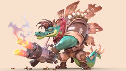 Stego Soldier - Game Ready Stylized Character dae, spikes, unreal, flamethrower, crash, reptile, stego, crashbandicoot, howest, scalie, maya, character, zbrush, stylized, monster, gamemodel, dragon, gun, villain, dinosaur, dino, gameready, evil, 2023, daesdc2021, daesdc2021character, noai, daesdc2023, daesdc2023character