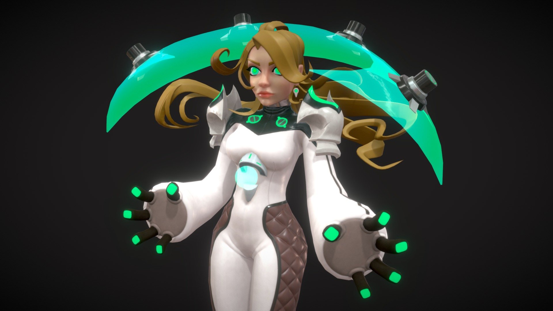 Personal project “Space Girl”
This Space Girl, who seems to be from the future, has sworn to protect everyone with her powerful energy shield.

It still seemed to be pretty close to the original concept, even if I had to make a few minor changes because I wanted to model this character as a game model and animate it.

Modeled in Maya, sculpted and rendered in Blender and textured in Substance Painter.

View full project on Artstastion https://www.artstation.com/artwork/49bWa8