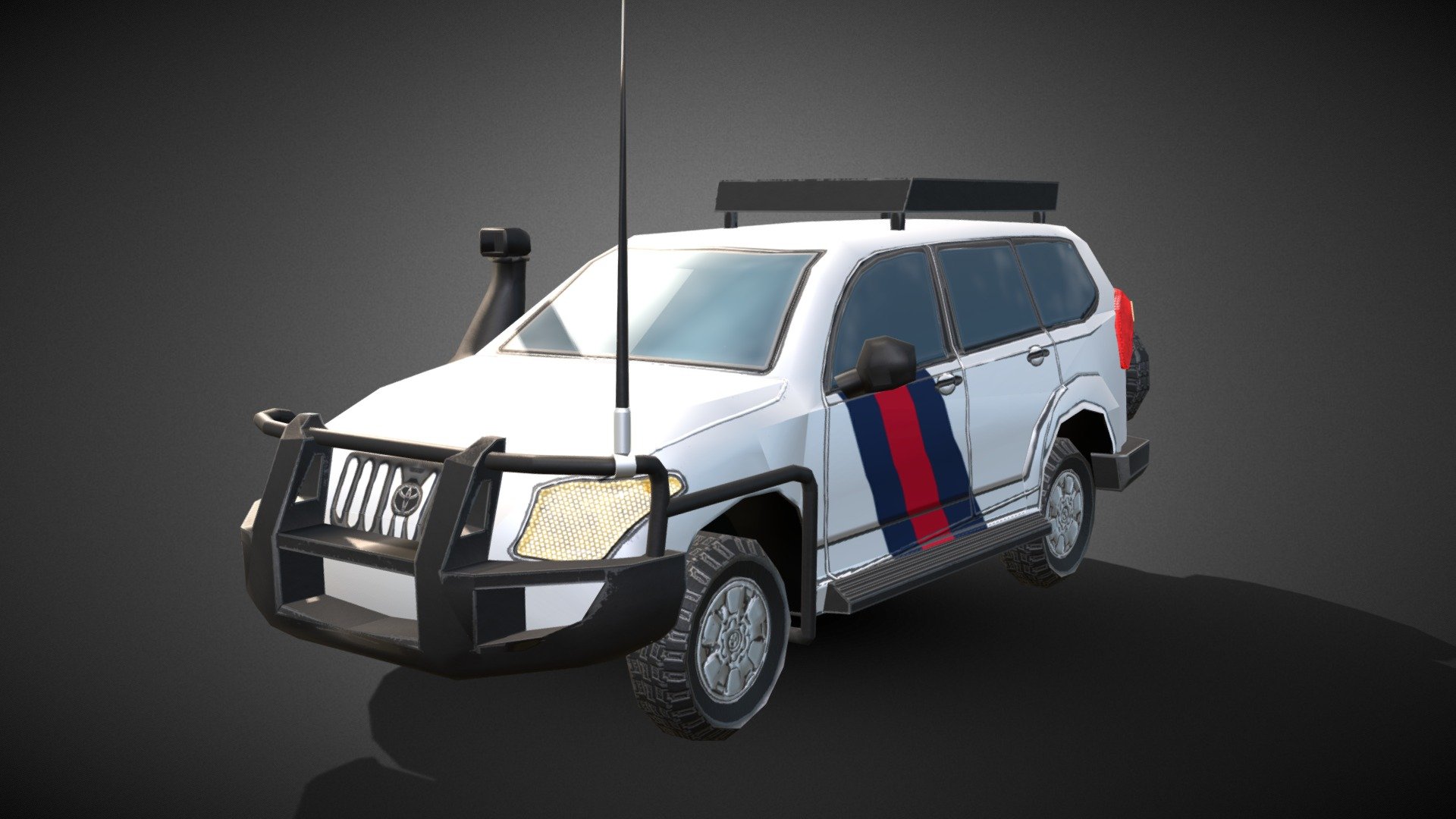 Toyota Prado a low poly vehicle ready for an engine like Unity or Unreal ideal for a RTS, Isometric or a War Video Game it has 1629 verts 2946 tris and 3169 edges and the texture is 2048 x 2048 and includes Diffuse, Metal, Normal and Emissive Map the format is .PNG and the model is available as OBJ, MB and FBX all the pieces are named If you need 3D Game Assets or STL Files I can do commission works.