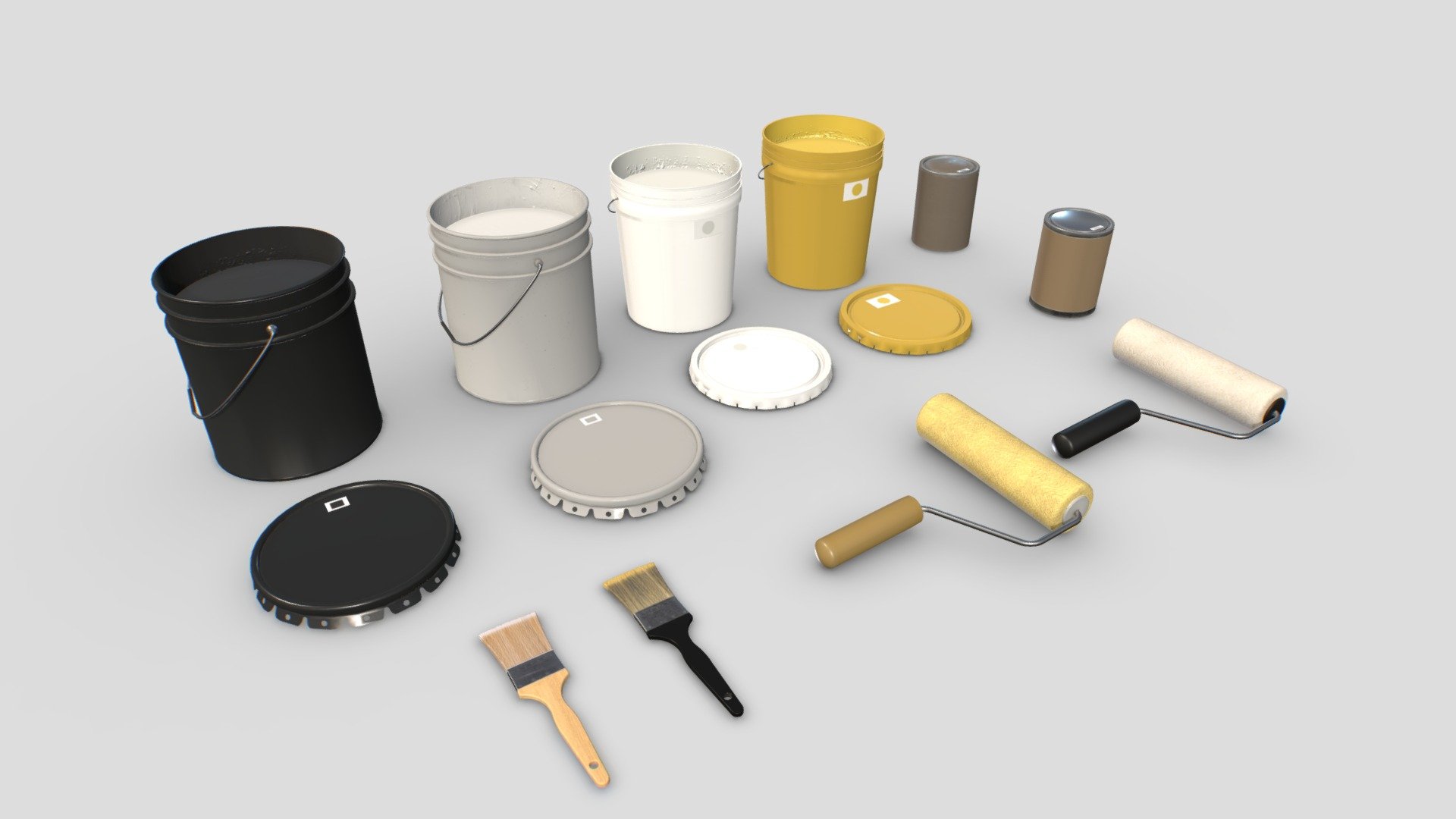 Pack of painting tools. Realistic scale. Includes 3 paint buckets, 1 brush and 1 paint roller.

Each objects comes with 2 texture sets, for a total of 14 different objects.

2 materials.

PBR 4096x PBR textures including Albedo, Normal, Metalness, Roughness and AO. Unreal ARM mask texture included (ao, rough, metal). Also unity HDRP mask included.

15k verts and 30k tris in total.