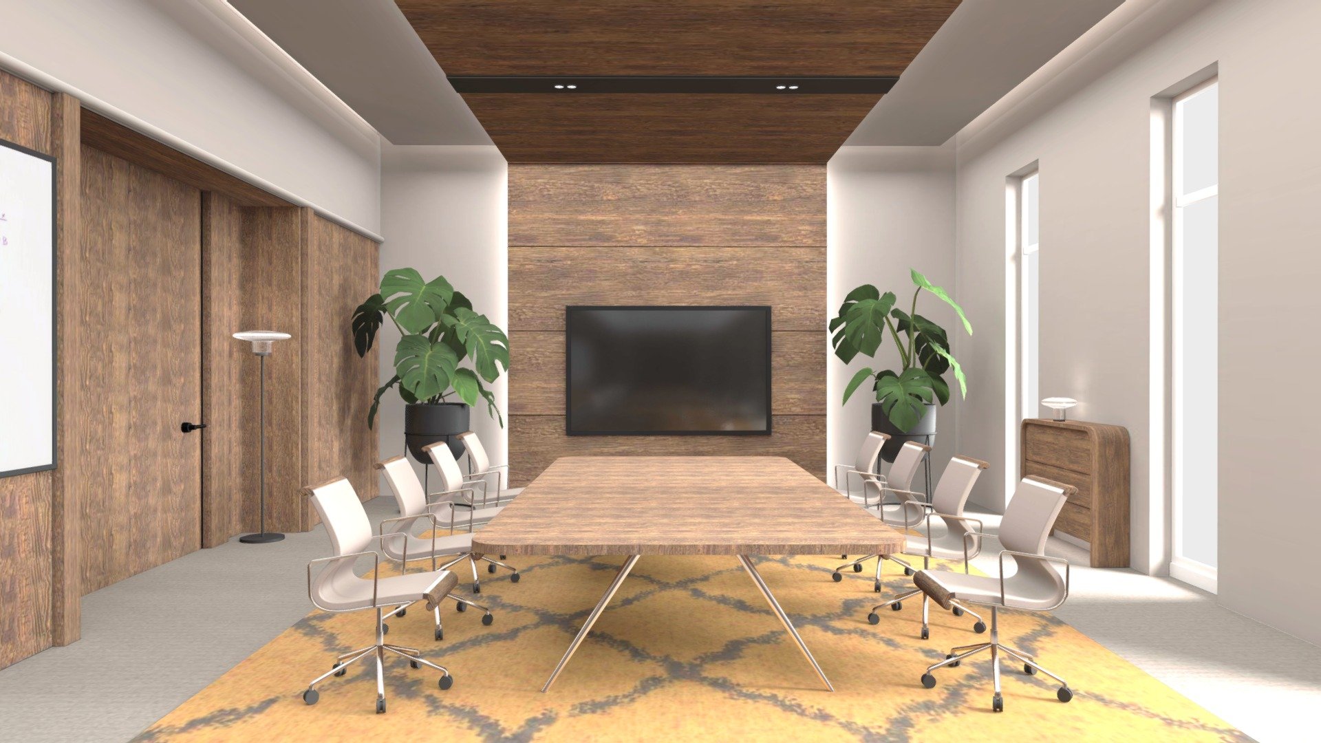 This is an executive office meeting room, designed in a rustic naturalism style.
It has a wall-mounted TV that can be used to cast multimedia content
There is also a whiteboard on the wall for brainstorming