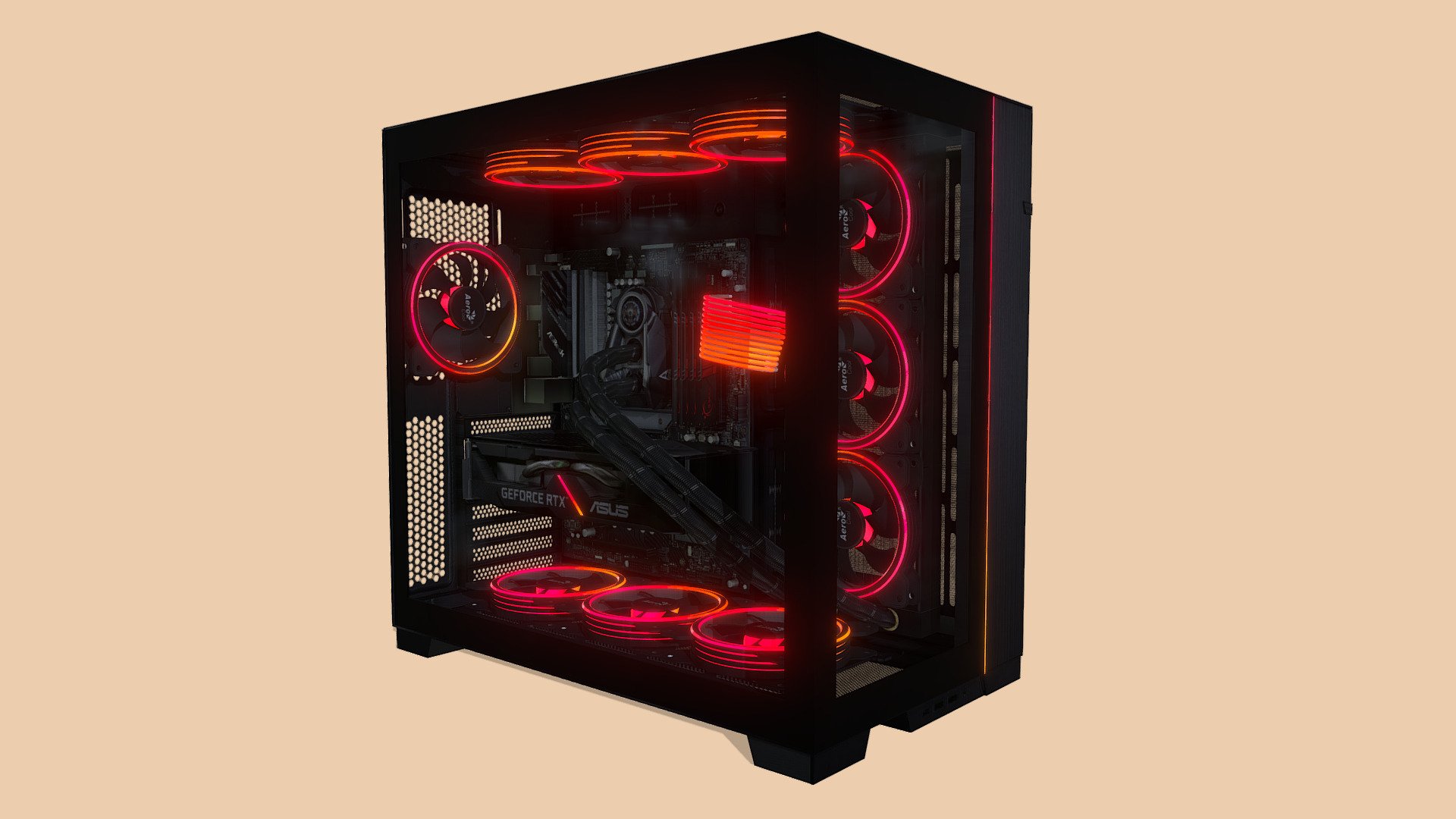 

Gehäuse: Lian Li O11 Dynamic EVO

Mainboard: ASRock X570S PG Riptide

Prozessor: AMD Ryzen 9 3900X

Grafikkarte: ASUS DUAL-RTX2070-8G

Speicher: 32 Gb G.SKILL Aegis

Kühlung: Arctic Liquid Freezer II 360 argb

Lüfter 7x Aerocool Saturn 12F ARGB LED Lüfter - 120mm
