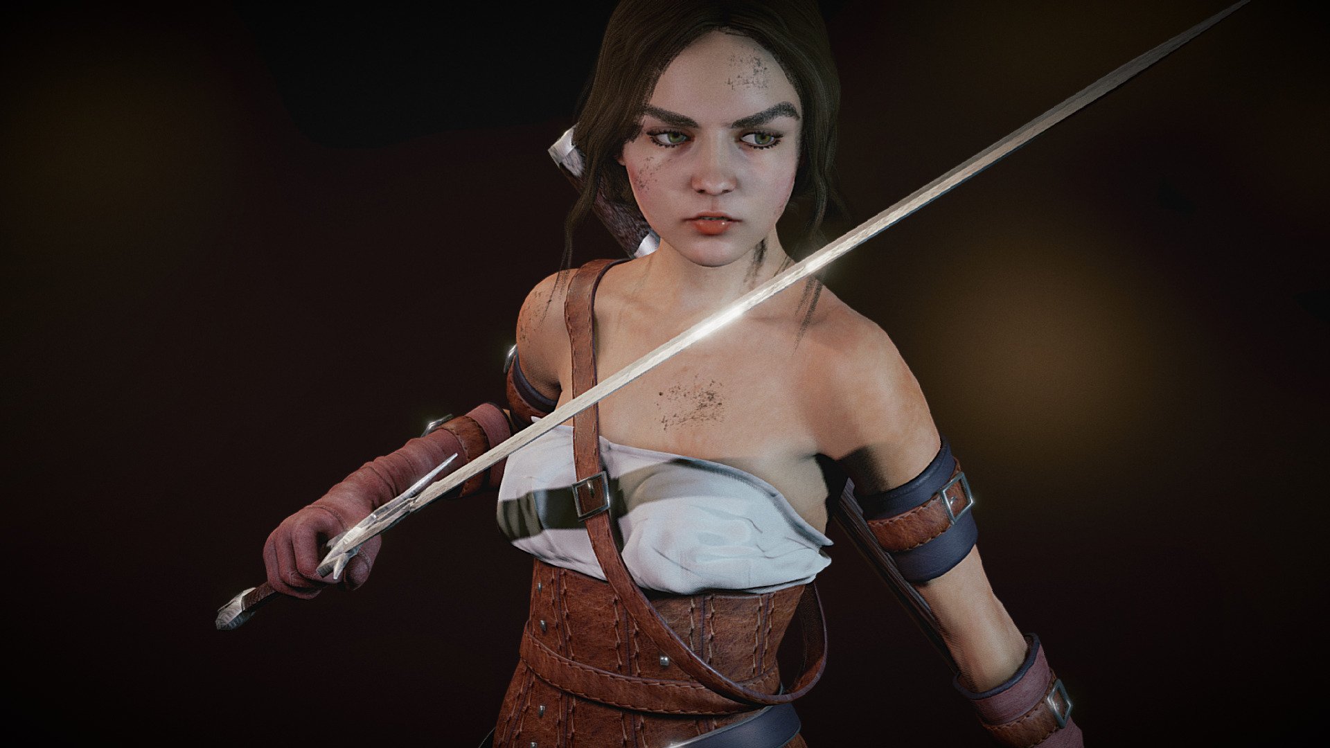 Medieval Warrior Girl with Sword model in Blender. body rigged and basic face rig. Mixamo bone names for animation. sss. eevee and cycles ready. includes shapekeys for different looks.