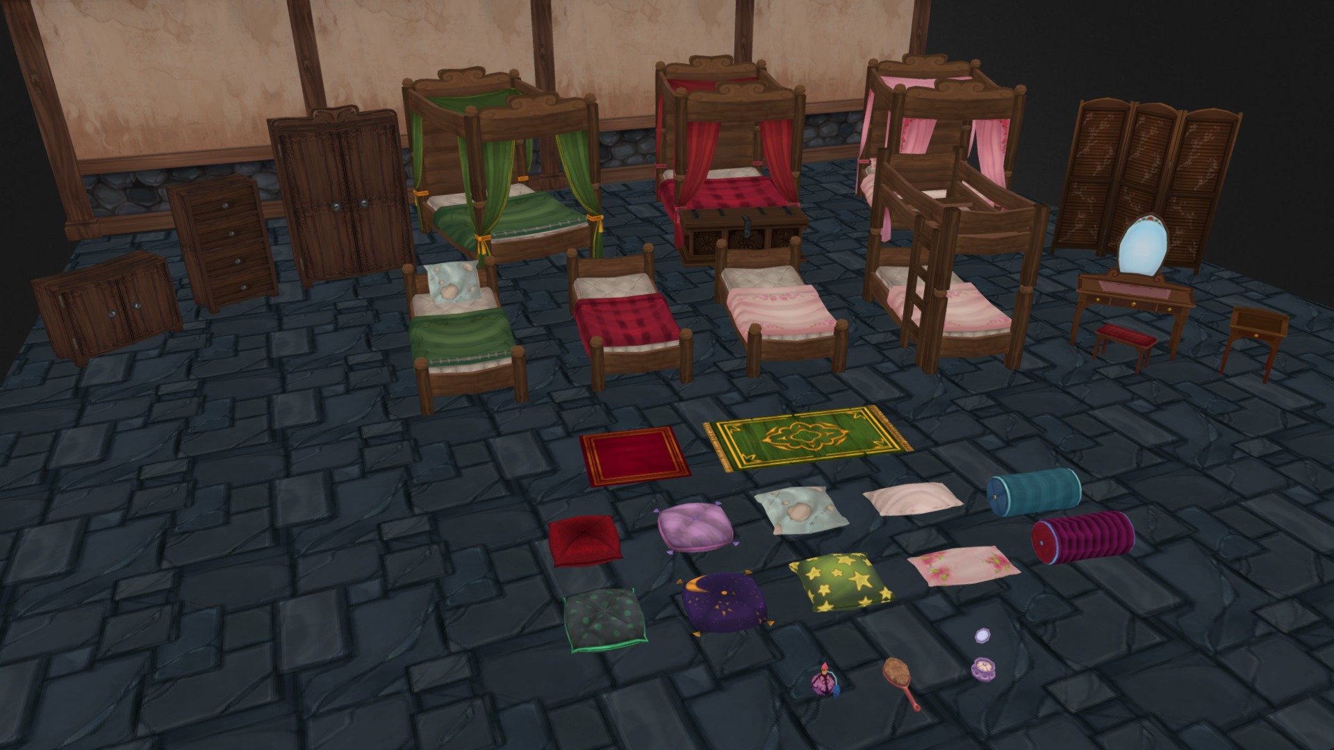 Bedroom Set. Contains 22 Models
3  version  textures for covers drapes and canopy.
and each of 5 pillows have 2 different textures.  Floor and swall textures included.  Textures are 1024px  all handpainted