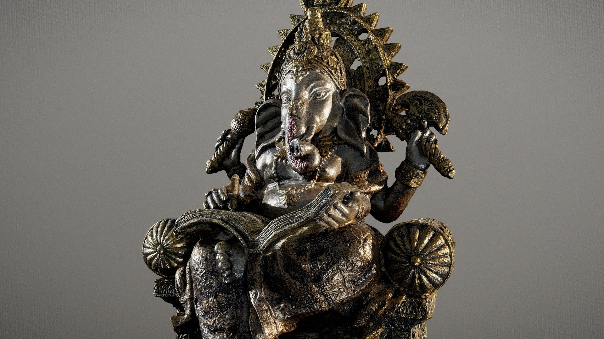 ** Antique Ganesha Statue **

Ganesha is known as Elephant God in Hindu pantheon. A god of wealth, symbol of wisdom, success and good fortune.

12.9 x 10.0 x 21.4 cm (45 micrometers per texel @ 8k)

Scanned using advanced technology developed by inciprocal Inc. that enables highly photo-realistic reproduction of real-world products in virtual environments. Our hardware and software technology combines advanced photometry, structured light, photogrammtery and light fields to capture and generate accurate material representations from tens of thousands of images targeting real-time and offline path-traced PBR compatible renderers.

Zip file includes low-poly OBJ mesh (in meters) with a set of 8k PBR textures compressed with lossless JPEG (no chroma sub-sampling).