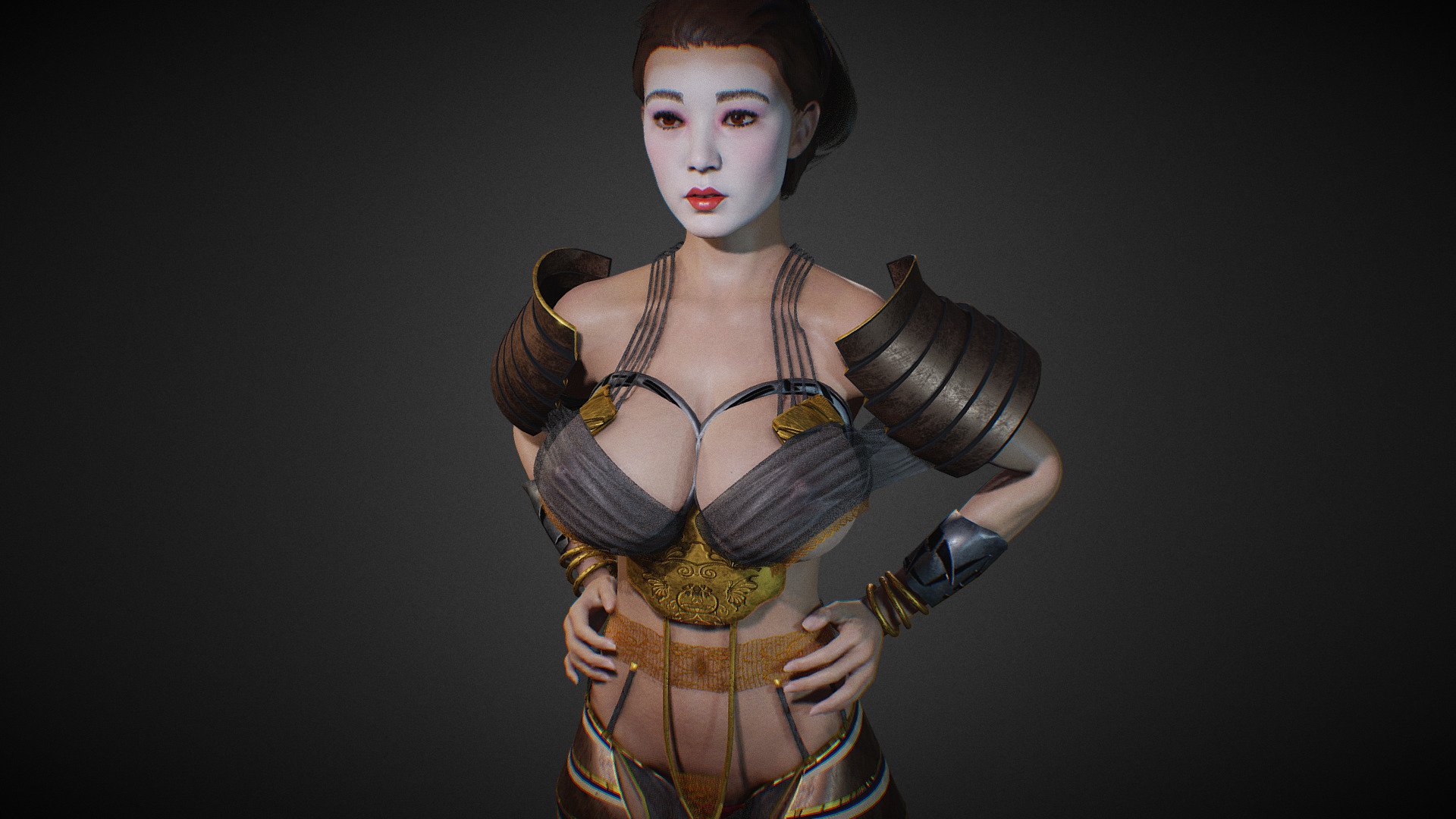 *makeup is a different object . 

Geisha/Samurai fantasy Girl model in Blender. body rigged and basic face rig. Mixamo bone names for animation. sss. eevee and cycles ready.