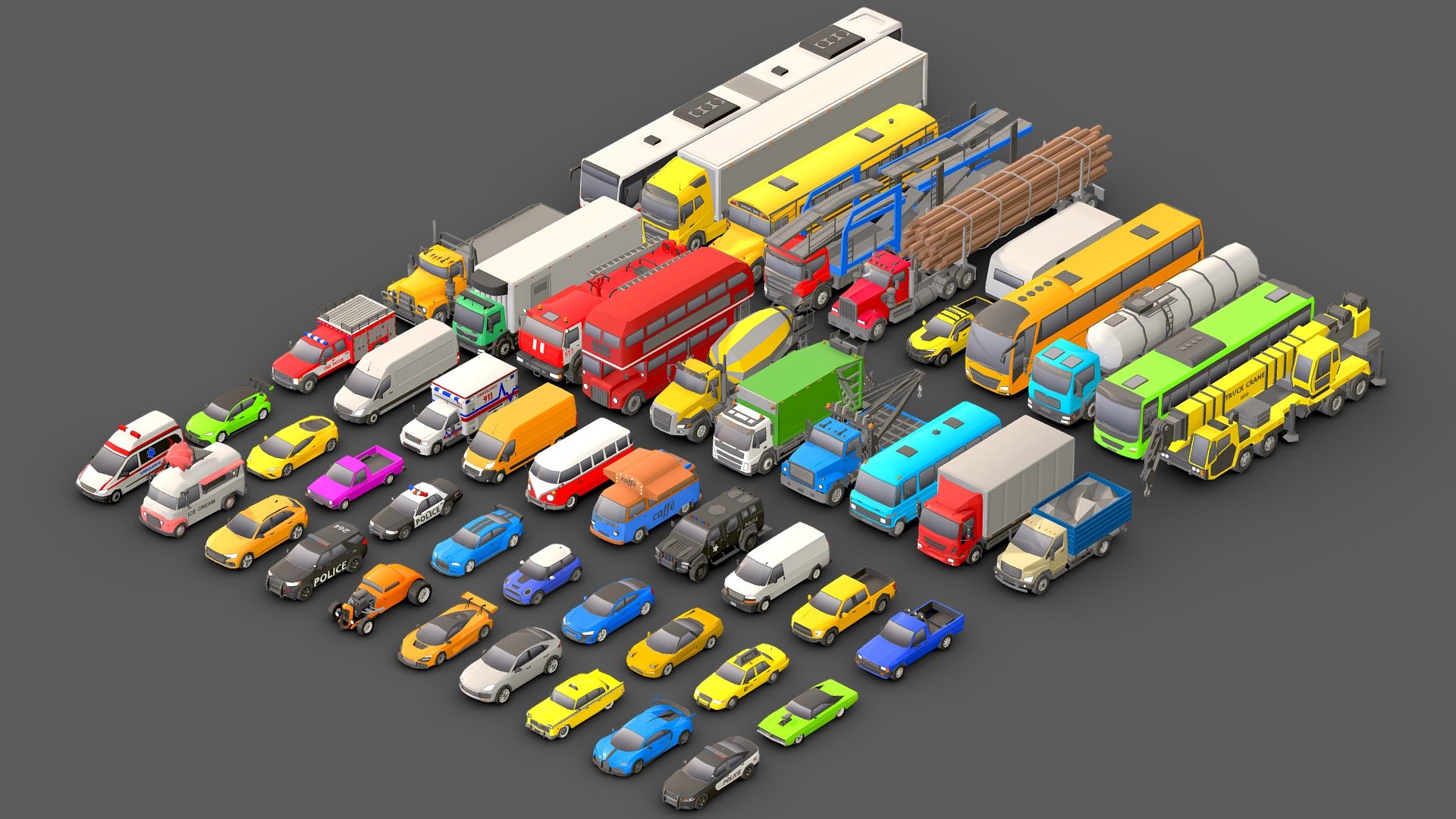Vehicle Pack  Low- Poly 50.

You can use these models in any game and project.

This package includes 50 Models .

This model is made with order and precision.

The color of the body can be changed.

Separated parts (body. wheel . Trailers ).

Very low poly.

2000 - 8000 triangles per Models.

Texture size: 256 (PNG).

Number of textures: 1.

Number of materials: 1.

format: fbx, obj, 3d max