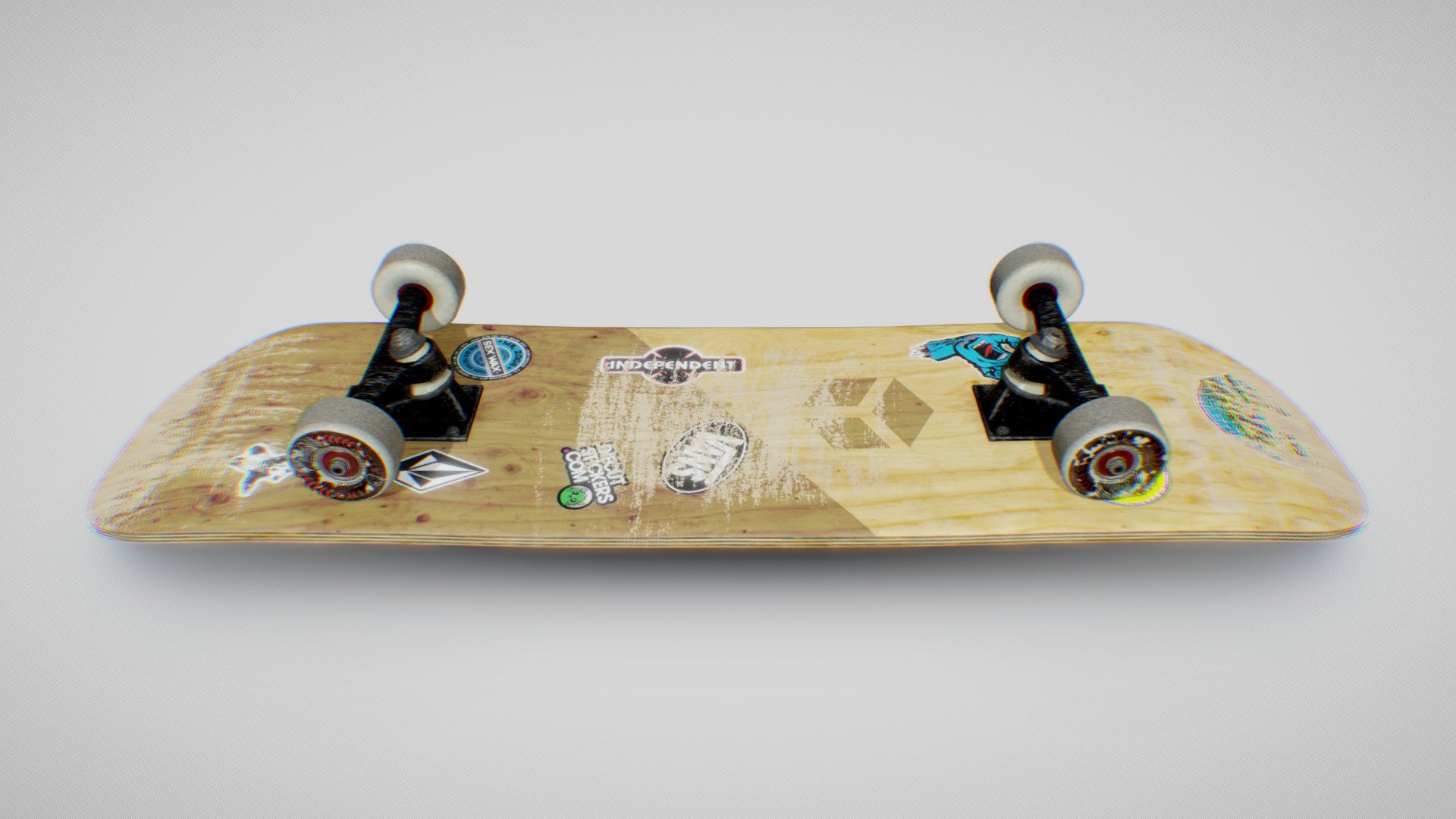 That's how a board could look like after a first ride to the park.

Still lots of wearing up and board-art to do, but I'm quite happy with how the stickers/scratches/deco mix turns out !

I'll call that one the &ldquo;buying the judges