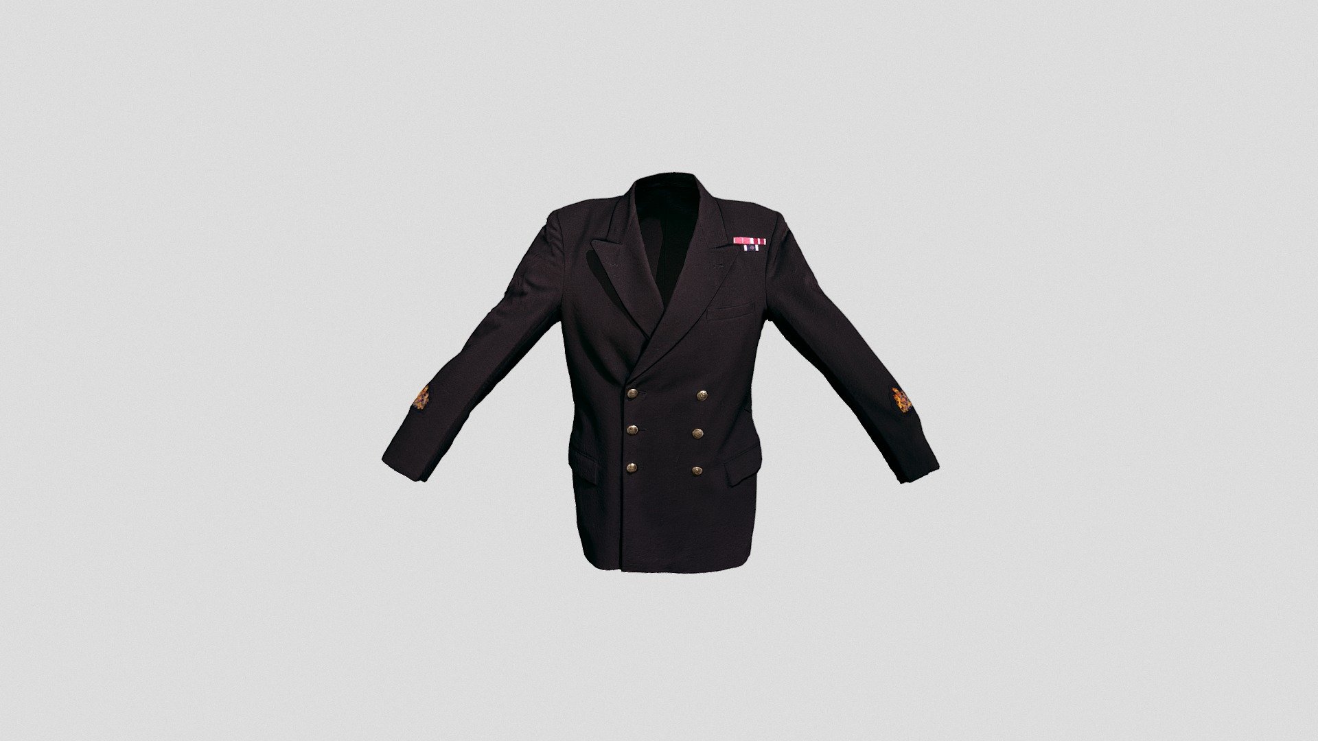 Short form description: A black naval uniform great coat with a variety of different cap markings/rankings. 
Long form description: A black naval uniform jacket with a variety of different badges and rank markings over the shoulders and arms. There are 6 buttons down the front of the coat, with 3 buttons either side with accompanying button holes, suggesting that it was actually unisex. The material used is a black cotton with the garment then being lined with silk. On the cuff of either sleeve there is a British army cap suggesting that the ranking of the person who originally owned and wore the garment. There is a naval stripe on the left shoulder where potentially medals would have hung or further indication of where the gentleman ranked on terms of the navy. There is a small split up the back of the garment, there to assist with movements such as getting in or out of vehicles or climbing on and off a horse. 
Model made by Purpose 3D