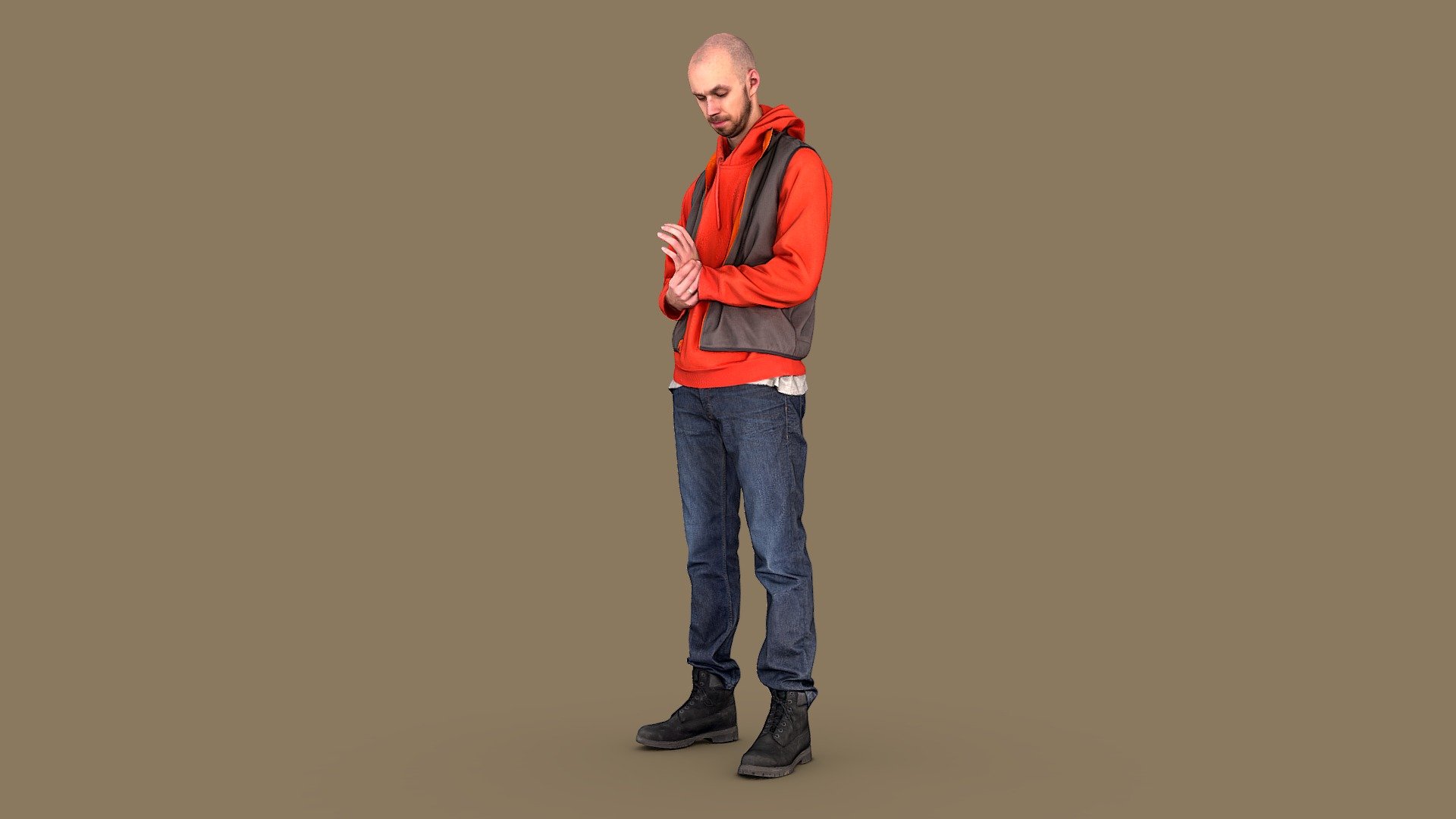 Follow us on Instagram 👍🏻

✉️ A tall handsome bald young guy with neat stubble on his face stands with his eyes downcast, nervous, does not know where to put his hands. He is dressed in dark blue jeans, black Timberland lace-up boots, a bright orange hooded sweater, and a reversible vest on top.

🦾 This model will be an excellent mid-range participant. It does not need to be very close and try to see the details, it reveals and demonstrates its texture as much as possible in case of a certain distance from the foreground.

⚙️ Photorealistic Casual Character 3d model ready for Virtual Reality (VR), Augmented Reality (AR), games and other real-time apps. Suitable for the architectural visualization and another graphical projects. 50 000 polygons per model.
