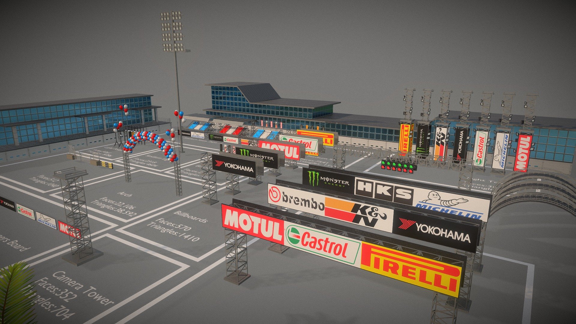 Optimized Race Track Props Collection Vol 1
All the Assets are Made using Trim-sheets and are optimized for games and Environments.



Buy Product on Gumroad : Click Here



Buy Unreal Version on FAB : Click Here



This Pack Includes:-






Stadium Seats

Racetrack Billboards

Track Side Rails

Fence/Grills

Banners

Flags

Light Poles

Stadium Light

Towers

Balloon Arch

Decoration Lights

Palm Trees

Pine Trees
14.Light Towers
15.Pit Lanes
16.Starting Lights




Additional File Structure:
All the textures and blend files are included along with export files


Note(Important)
FBX File is in Export Folder in Additional Files,Don't forget to download it.In case of any help Contact me : nk.vmc.s@gmail.com