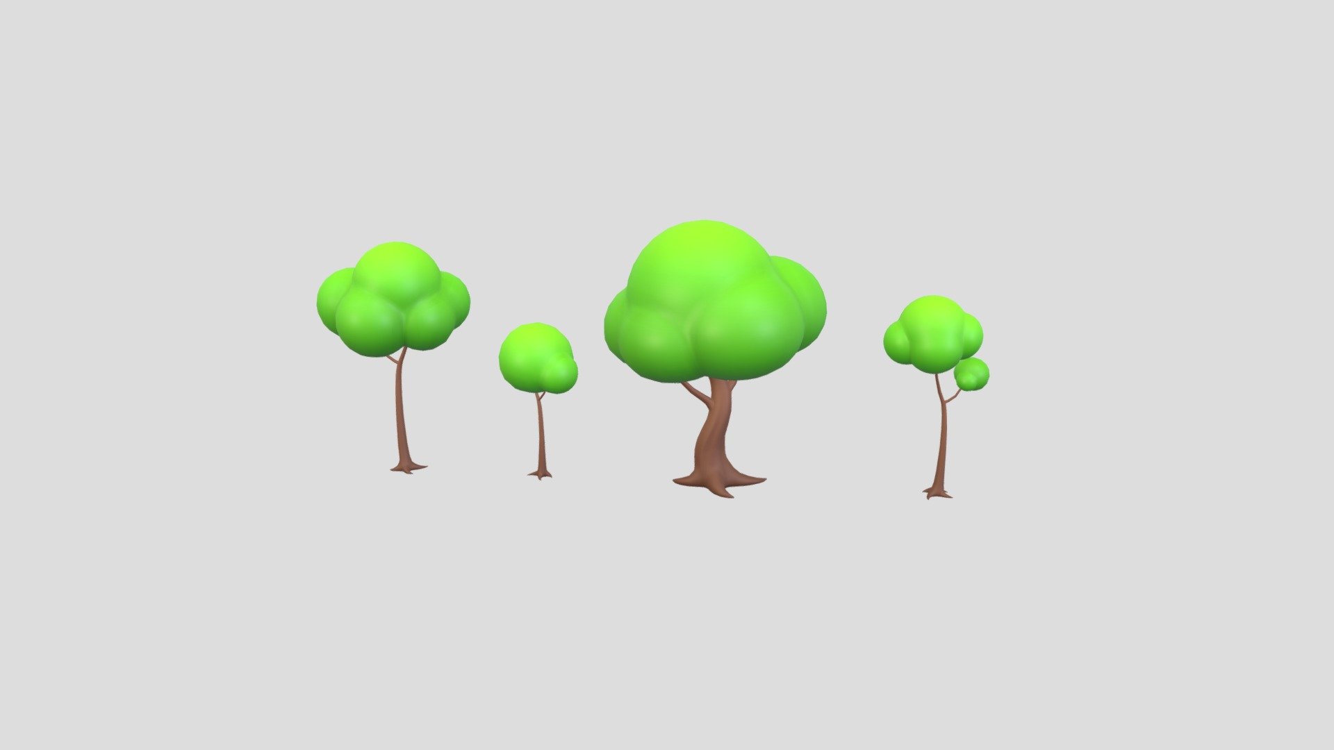 Cartoon Tree Pack 3d model.      
    


File Format      
 
- 3ds max 2024  
 
- Blender  
 
- GLB  
 
- OBJ  
 
- FBX  
   


Include XXX models  





Tree_A [1,063 poly]   
 

Tree_B [712 poly]   
 

Tree_C [1,387 poly]   
 

Tree_D [1,345 poly]   
  
 

Topology is clean.  

Non-overlapping, unwrapped UVs   


PNG texture               

2048x2048                


- Base Color                        

- Roughness                         


