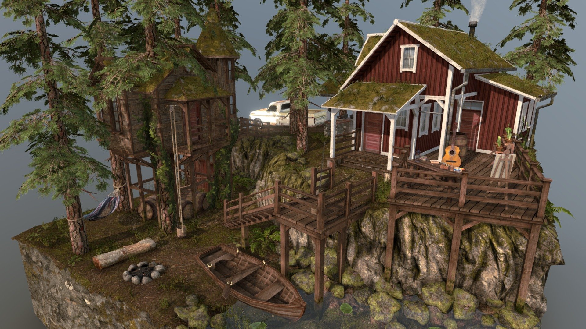 This is my scene of a Forest Loner in Norway. It was an assignment at Howest DAE for the first semester.\nI imagined a character who was very successful in his profession, but due to his midlife crisis he retreated into a forest to be connected with nature and finding oneself.