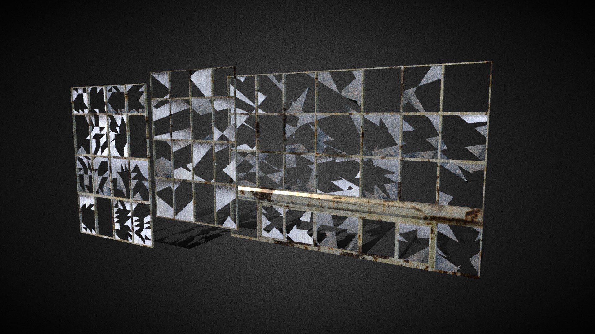 3 types of broken Windows made for a horror game ready for a game engine it has 3348 verts 3456 polys and 6300 tris and the textures are 2048 x 2048 and it has only Diffuse and the parts are separate like glass or operable windows.