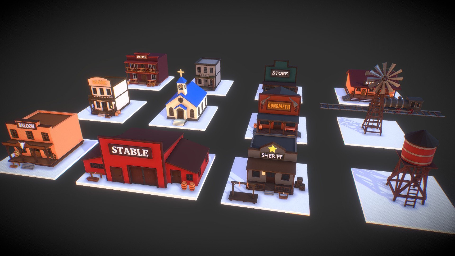 ♦ Low Poly Wild West Pack

Available on - > Store

♦ This pack includes: 


  ° Saloon
  ° Sheriff
  ° Bank
  ° Hotel
  ° Gunsmith
  ° Station
  ° Church
  ° Store
  ° Stable
  ° WindMill
  ° WaterTower

♦  Materials and textures.


 ° All materials included.
 ° All textures included.

♦ Attention


 ° Models tested in unity and unreal engine.
 ° Not printable.
