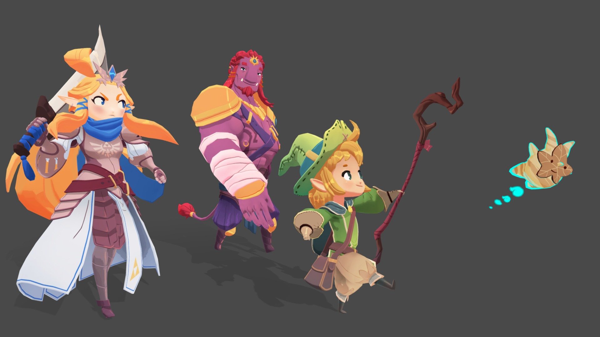 See the full breakdown here https://www.artstation.com/artwork/8bBLLR

3D fanart of the wonderful character re-designs of Zelda, Link, and Gannondorf by Toby Allen (see more of his work here)

In this re-imagining, the triforces are swapped so Zelda is Power, Gannondorf is Courage, and Link is Wisdom.  From the descriptions and comments surrounding the original designs, these three are not sword enemies but unlikely allies at least for some part of the story.

I sculpted, modeled, UV'd, textured, rigged, and animated these 3 over about 2 months of after-work free time.
