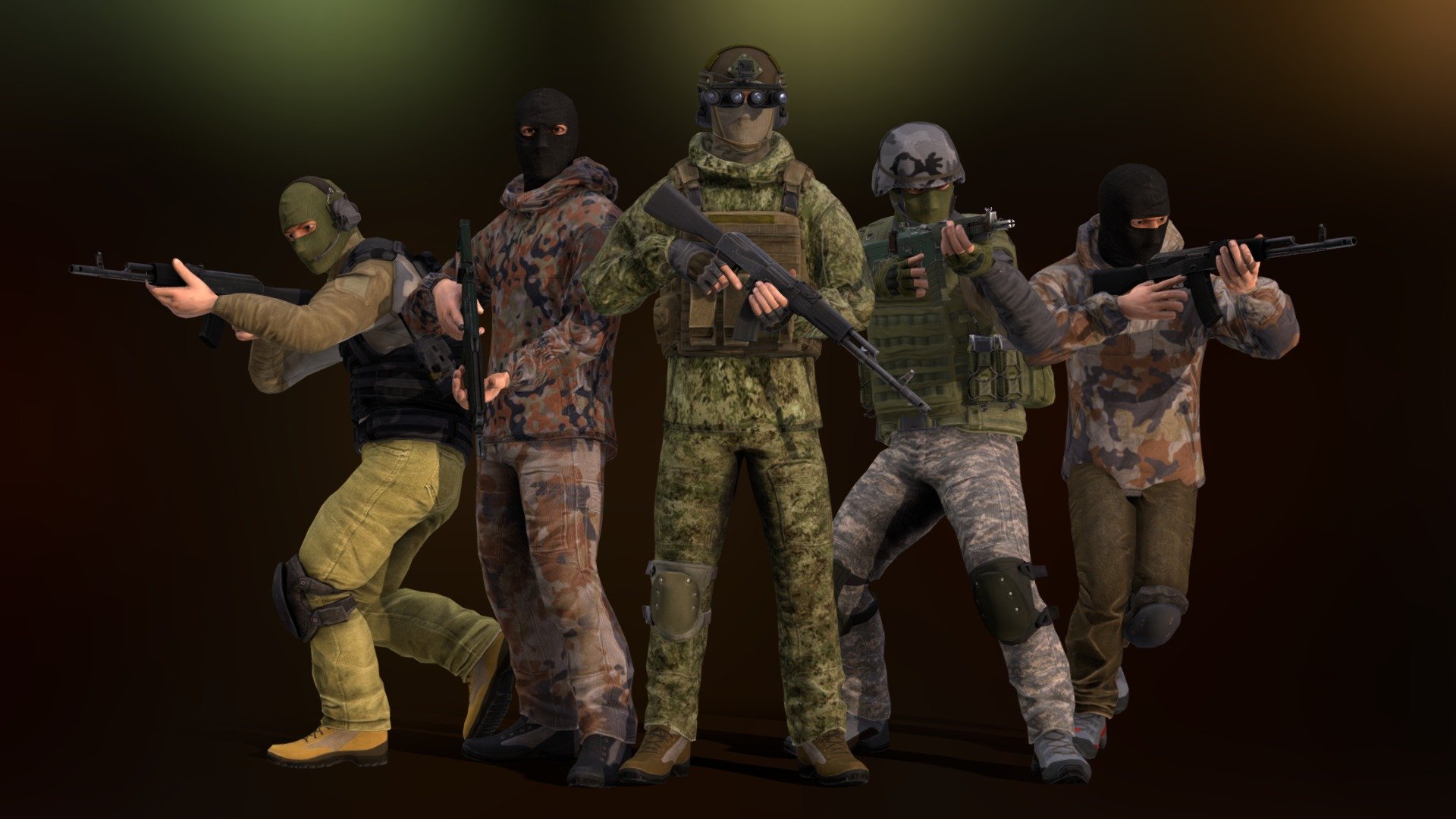 A Game-Ready, lowpoly characters with PBR textures. 
Sketchfab Preview has low-resolution textures, original texture has 2048x2048.

Video preview: youtube.com/watch?v=h9bqBvGmjfc

Vertex/Tris counts of characters: Minimum modules: 5672 / 11178, Maximum: 12965 / 24726

Package contains:

Rigged &amp; skinned character, file format: mb, max, fbx, blend, c4d, dae.
Textures resolution: 2048x2048, PNG-Format
