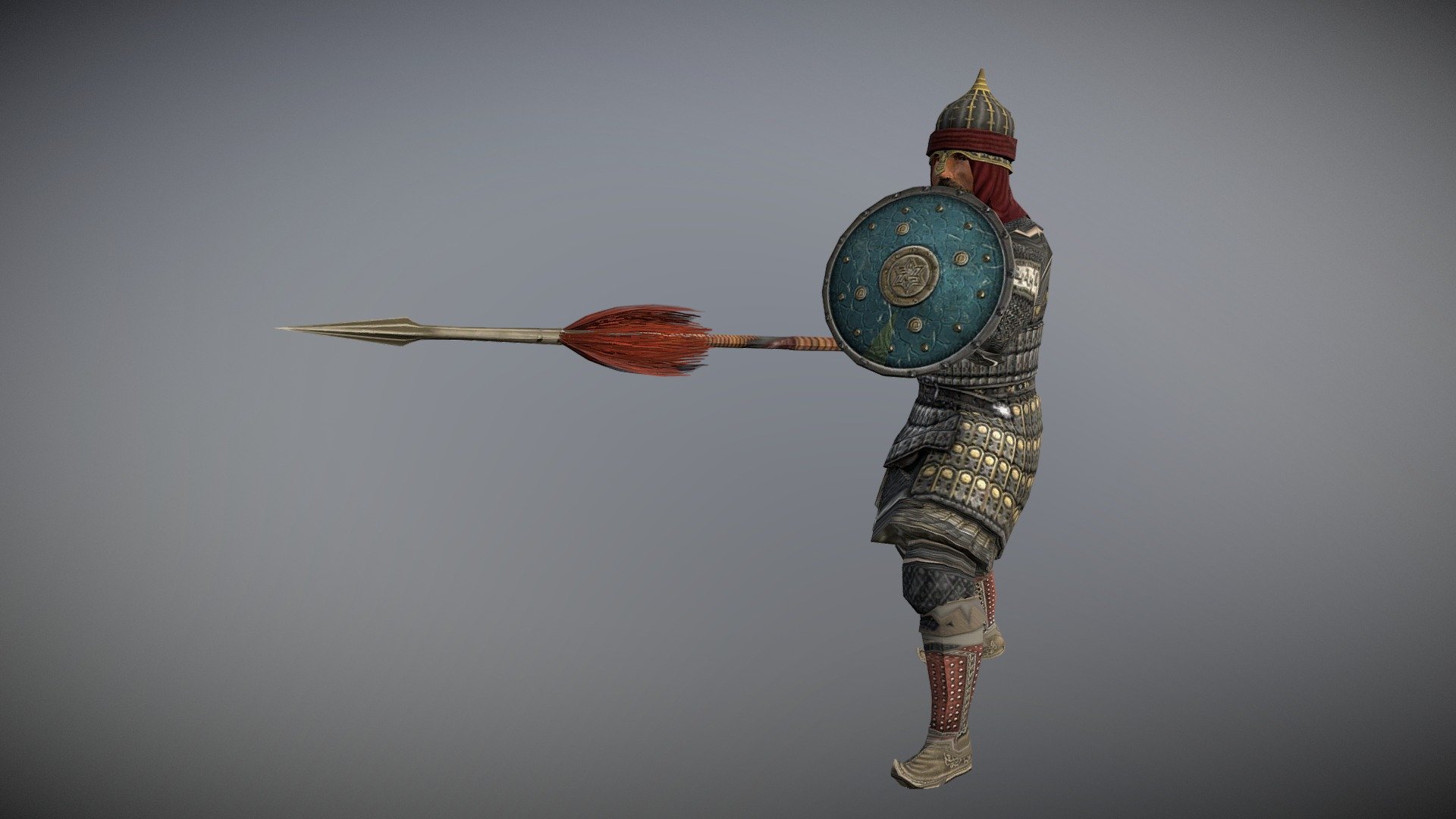 Medieval 2 Total War - Machiavello mod | Model for a General's bodyguard for the Hafsid Caliphate.
The model is shown with a large lamellar armour over a long-sleeved chainmail in a fashion that may have been still in use in XV century Arabian Africa.
The model is a combination of elements from the Crusaders Way to Expiation - OSP Pack developed for Mount &amp; Blade Warband.
PS: unfortunately there are some wrong texture coordinate which i was not able to fix.