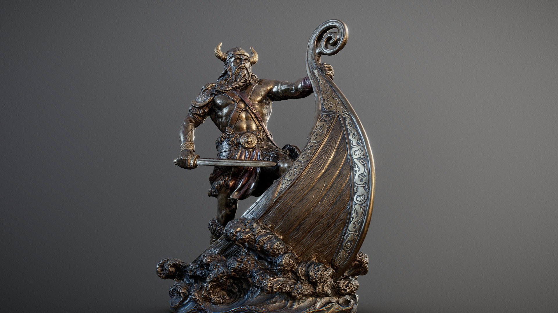 ** Viking Warrior Figurine **

Veronese Design 9.5 Inch Norse Viking Warrior standing on a long ship prow. Antique bronze finish statue.

18.7 x 14.2 x 23.0 cm (56 micrometers per texel @ 8k)

Scanned using advanced technology developed by inciprocal Inc. that enables highly photo-realistic reproduction of real-world products in virtual environments. Our hardware and software technology combines advanced photometry, structured light, photogrammtery and light fields to capture and generate accurate material representations from tens of thousands of images targeting real-time and offline path-traced PBR compatible renderers.

Zip file includes low-poly OBJ mesh (in meters) with a set of 8k PBR textures compressed with lossless JPEG (no chroma sub-sampling).