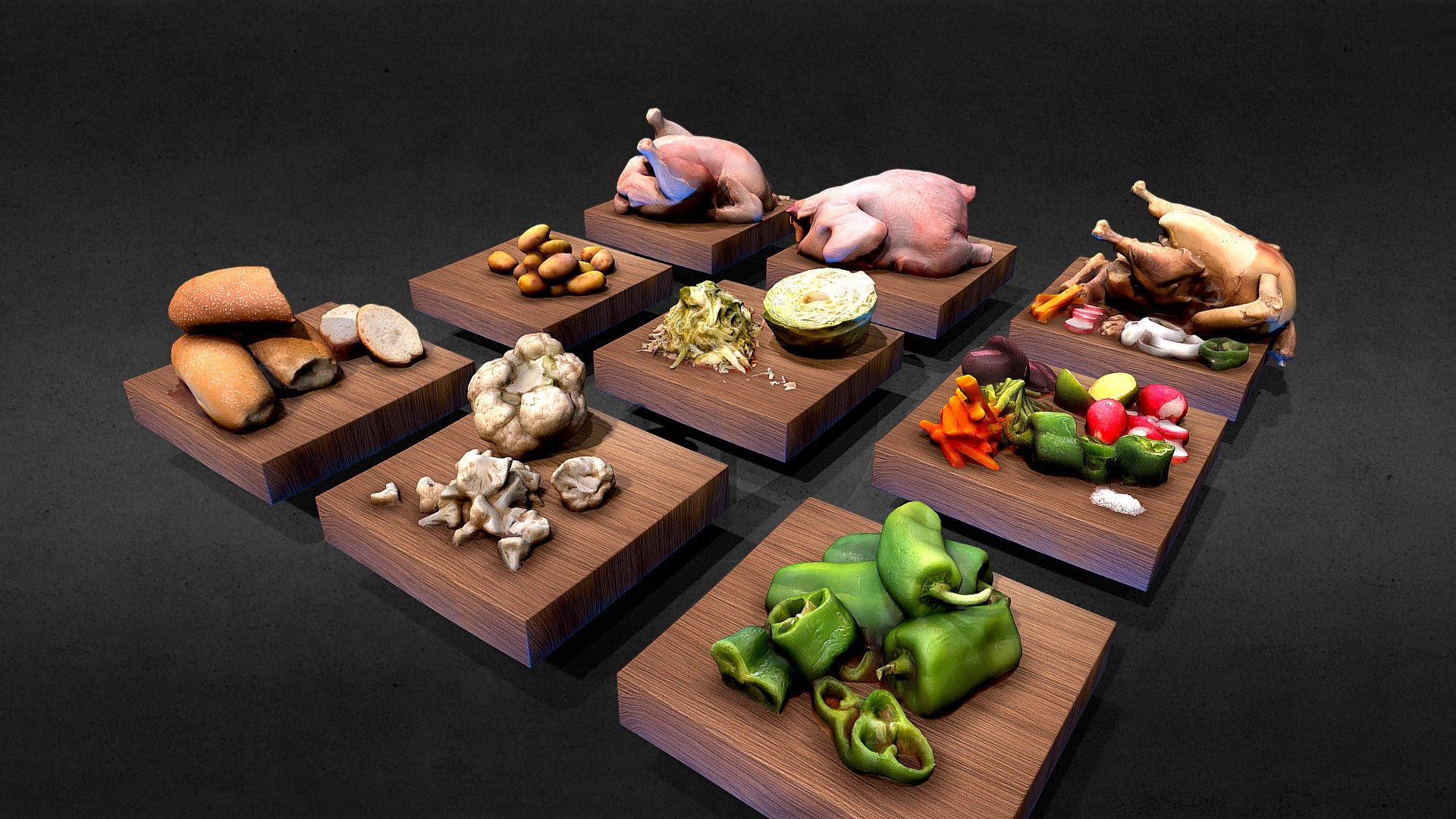 9 boards with food vegetables fruit chicken


INCLUDE

wood + paprika

wood + cauliflower

wood + cabbage

wood + vegetables

wood + pabread

wood + potatoes

wood + raw chicken 1

wood + raw chicken 2

wood + cooked chicken hen


wooden house with its portion of food is separately with its own textures, each food can be used individually and separately or in food groups as well.


Texture 2K and / or 4K clean UV, 

unfold polygons, clean UV ,ready for mobil games, 

medium or low polygons VR AND AR ready . 


You can search for more assets [individual each]

 by click here 

 and a partner by click here